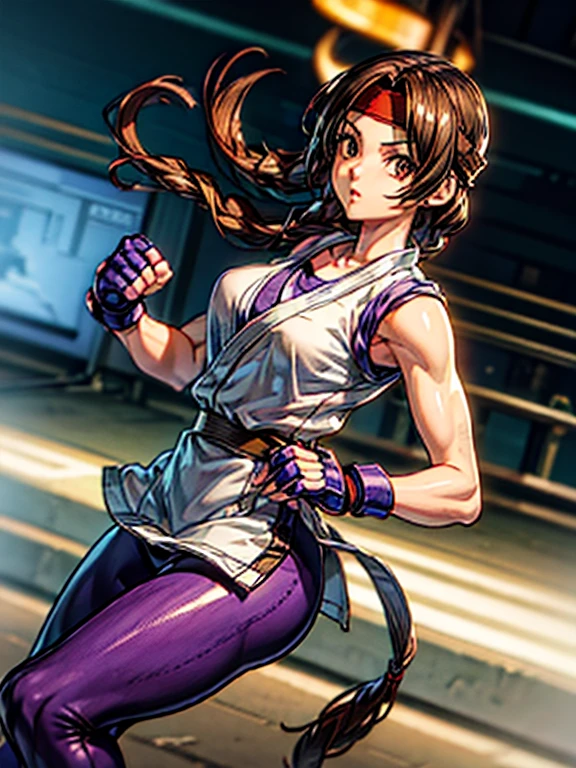 masterpiece,best quality, unreal engine, ultra res, extremely detailed,
1woman, medium breasts,  waist , (muscular:0.8) ,slender,
YURIMS, HEADBAND, DOUGI, SPANDEX, GLOVES, FINGERLESS GLOVES, LEGGINGS
hews style CSR STYLE
round breasts,medium breasts, 
fighting stance, punch, 1arm up