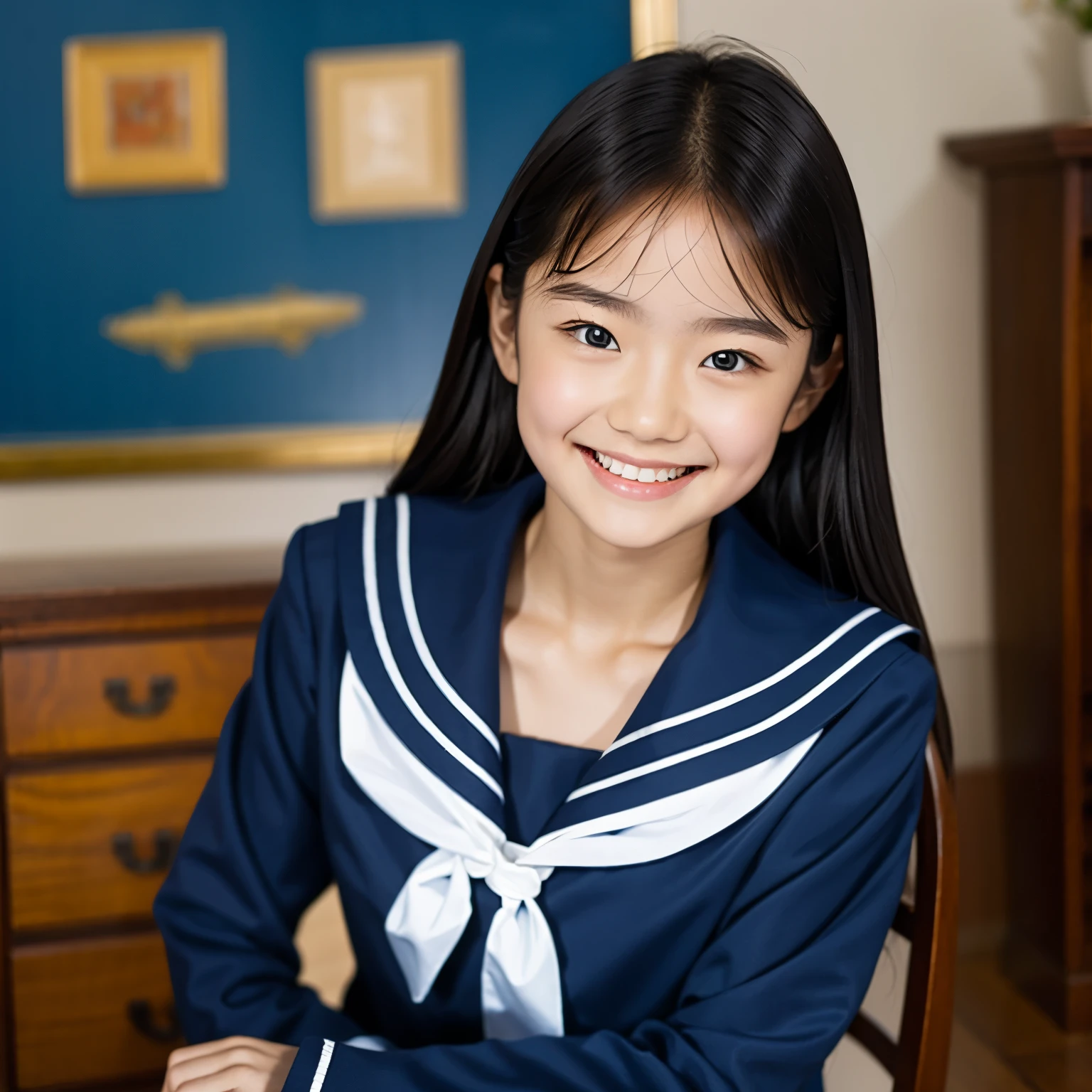 (masterpiece, highest quality:1.2), One girl, alone, Sailor suit, dark blue, Long sleeve, smile, 13 years old