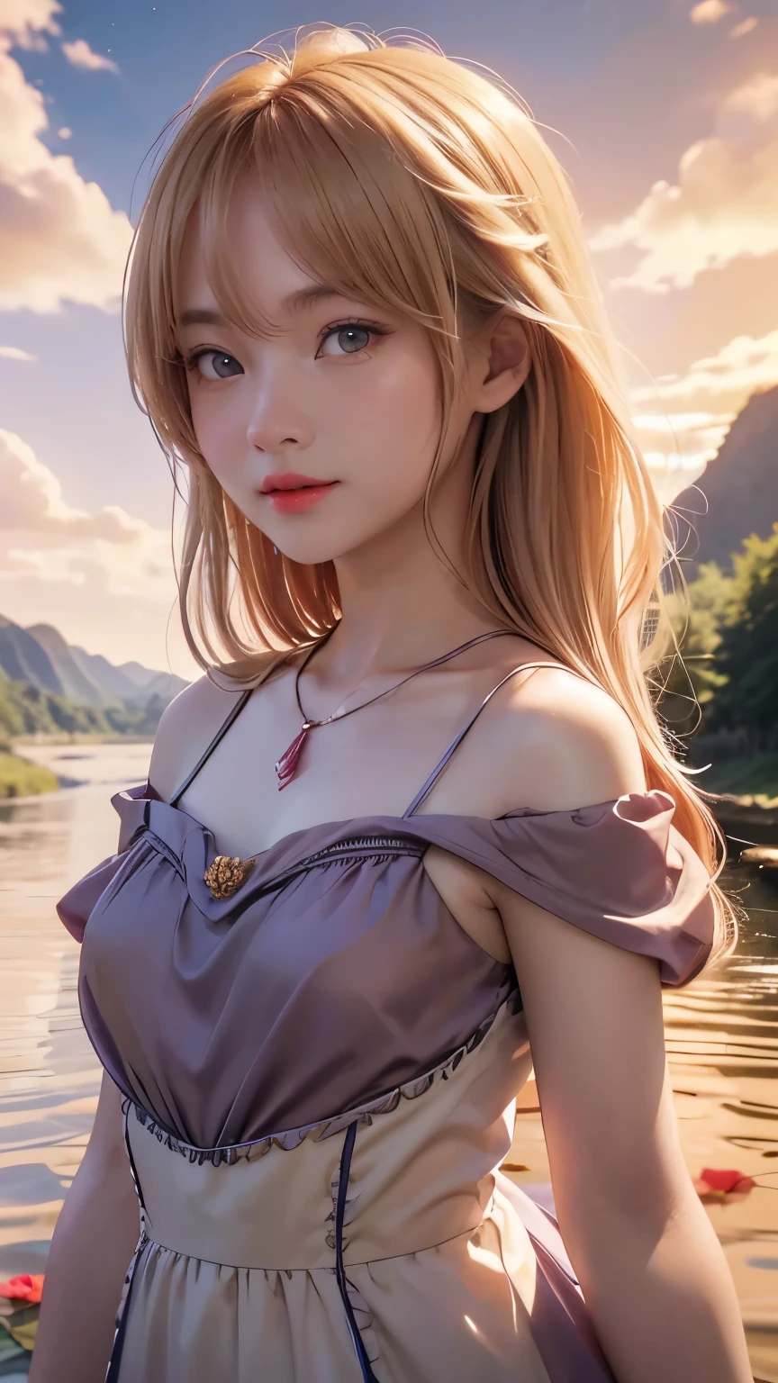 Korean woman age 24, Facing straight, close face, Beautiful picture, good composition, The most beautiful woman in the world, Moonlight reflection river background, Shoulder-showing dress, ((Shoulder length hair)), mountain hill, ((colored dress)), river in the middle of the valley, red roses, ((Light blonde hair)), ((Small chest)), Long eyelashes