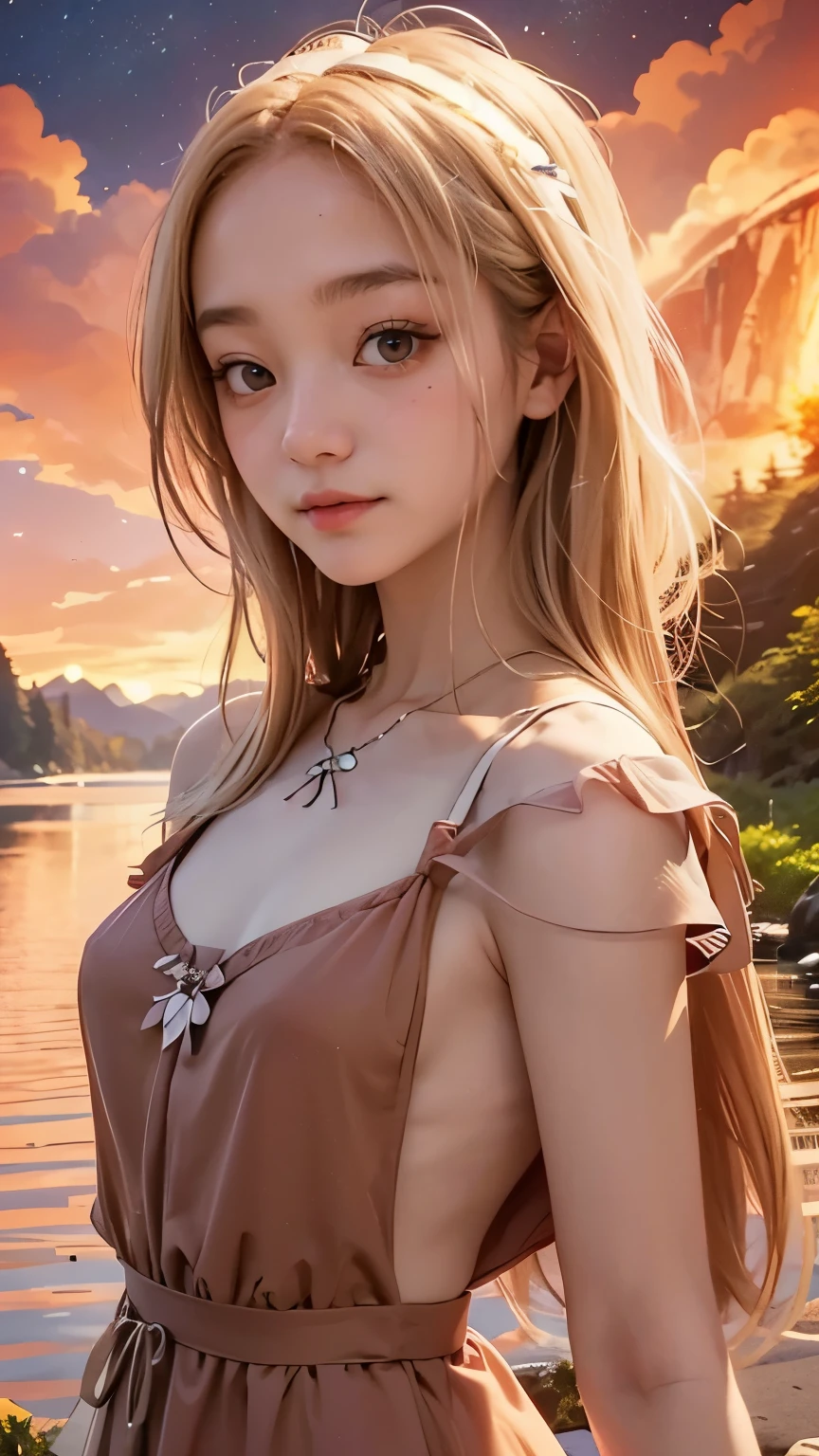 Korean woman age 24, Facing straight, close face, Beautiful picture, good composition, The most beautiful woman in the world, Moonlight reflection river background, Shoulder-showing dress, ((Shoulder length hair)), mountain hill, ((colored dress)), river in the middle of the valley, red roses, ((Light blonde hair)), ((Small chest)), Long eyelashes