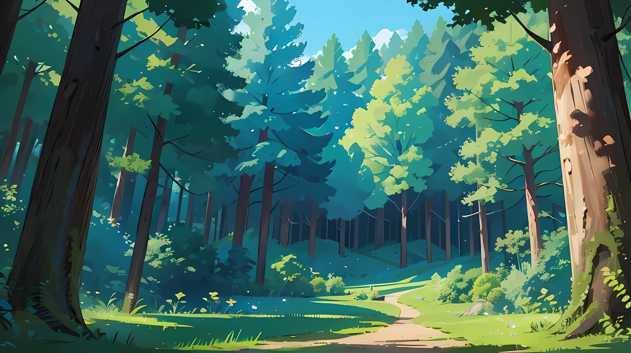 Красивый лес, вид спереди, Фон, передний план, 3/4 быть, голубое небо, Не тени, шедевр, кинематографический вид, Лучшее качество, стиль 1990-х годов