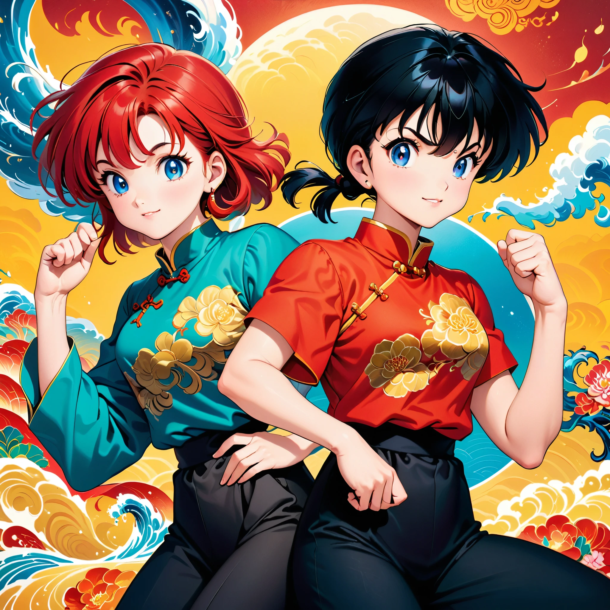 ((Two people in Chinese style: back to back)),woman,male,(ranma, ranmaw),(1 pigtail),ranma 1/2,battle pose,dynamic pose,(masterpiece:1.3),(highest quality:1.4),(ultra detailed:1.5),High resolution,extremely detailed,unity 8k wallpaper,Official Art,Perfect Anatomy,(Anime screenshots:1.11),(90s Anime,90s anime style,cell shaded anime:1.17),BREAK,ranma red shirt,BREAK,black pants,BREAK,((red haired woman)),BREAK,((Black haired man: masculine eyes and eyebrows)),BREAK,1990s \(style\),retro art style,((RanmaChan:1.52)),Chinese clothing,battle style,Looks happy,Rumiko Takahashi's painting style,chinese style background,Place Chinese goods,intricate details,very detailed,zentangle elements,Cover illustration,draw a clear line,rich colors,colorful,super fun