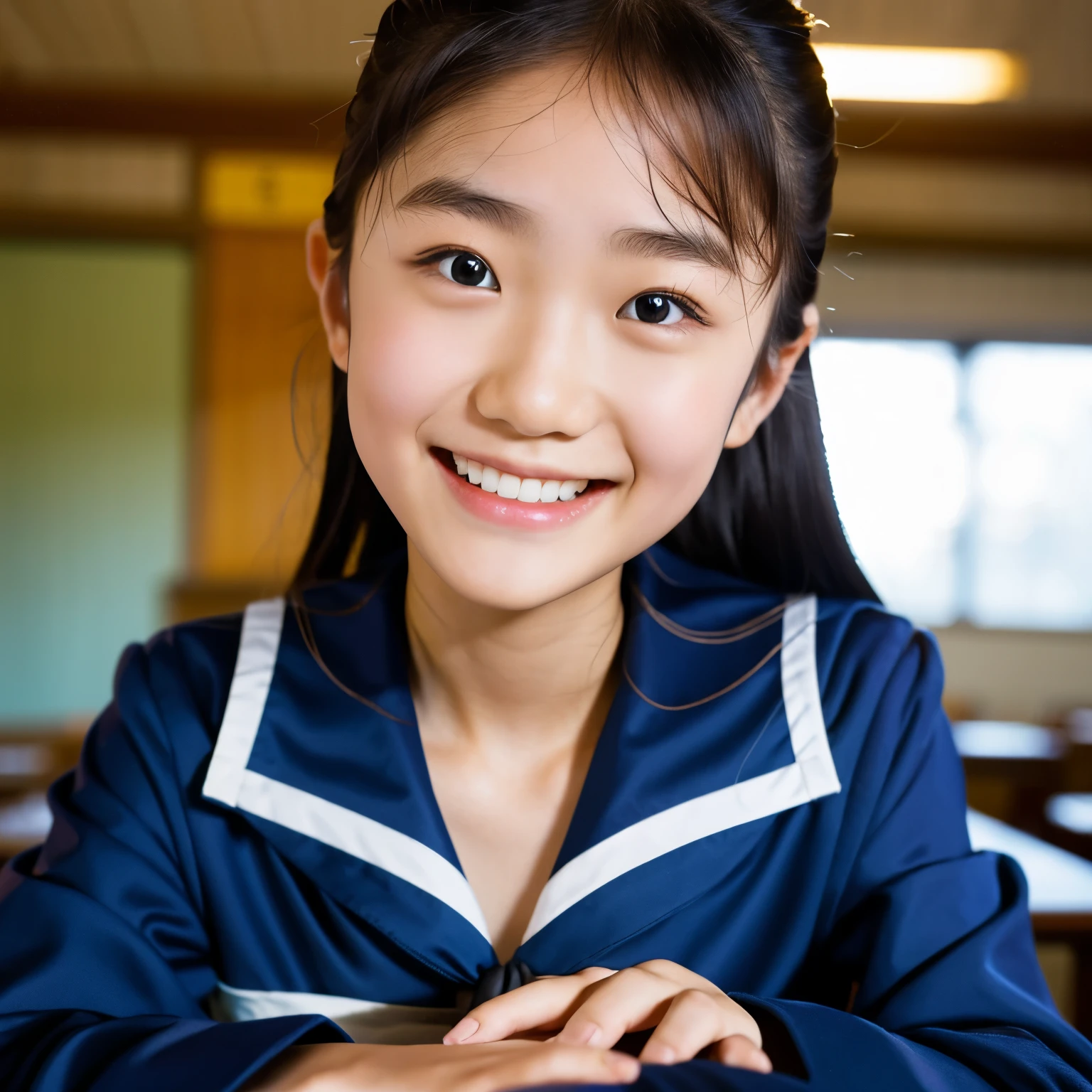 lens: 135mm f1.8, (highest quality),(RAW Photos), (Tabletop:1.1), (Beautiful 12 year old Japanese girl), Cute Face, (Deeply chiseled face:0.7), (freckles:0.4), dappled Nikko, Dramatic lighting, Navy blue sailor suit, (In the classroom), shy, (Close-up shot:1.2), smile