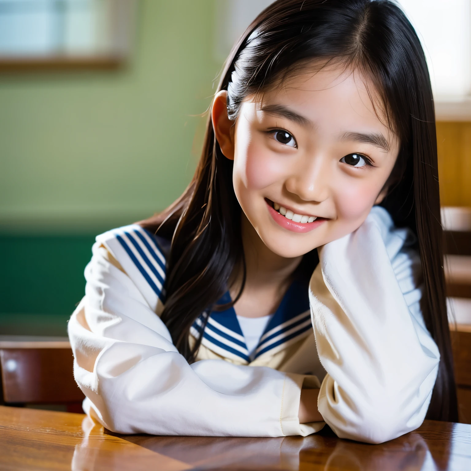 lens: 135mm f1.8, (highest quality),(RAW Photos), (Tabletop:1.1), (Beautiful 9 year old Japanese girl), Cute Face, (Deeply chiseled face:0.7), (freckles:0.4), dappled Nikko, Dramatic lighting, uniform, Sailor suit, (In the classroom), shy, (Close-up shot:1.2), smile