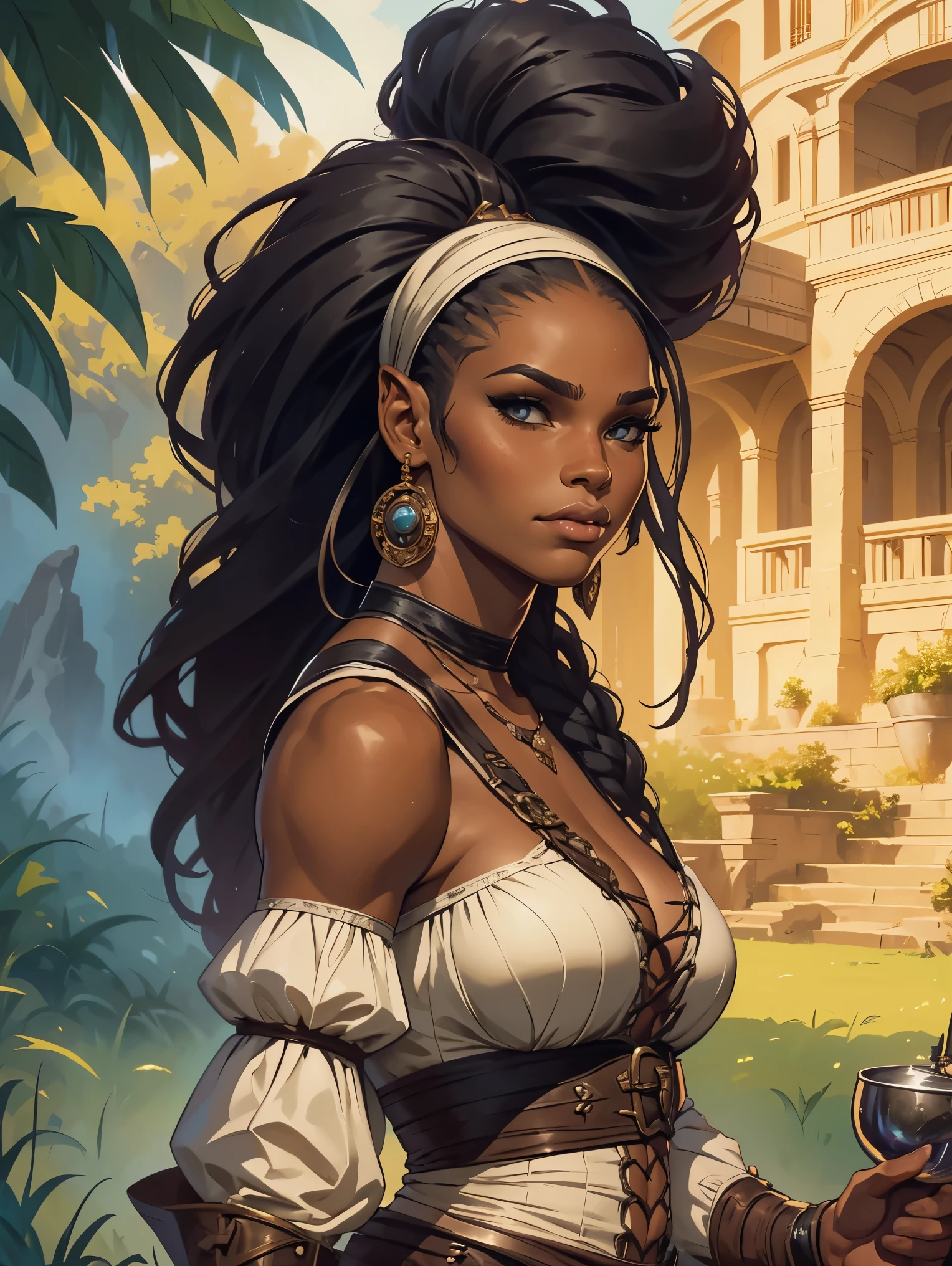 a female black lady from the early 18th century based on Serena Williams, Dungeons and Dragons 5th edition style illustration, cinematic, fantasy painting, highly detailed, black outlining, full color illustration, in the style of BORIS VALLEJO & JULIE BELL