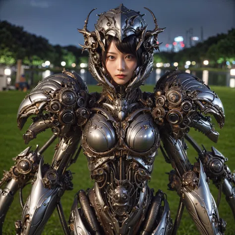 Masterpiece, (ultimate quality:1.2), 8k, Japanese woman in crab-type bio suit, silver base with bronze and gold accents, very be...