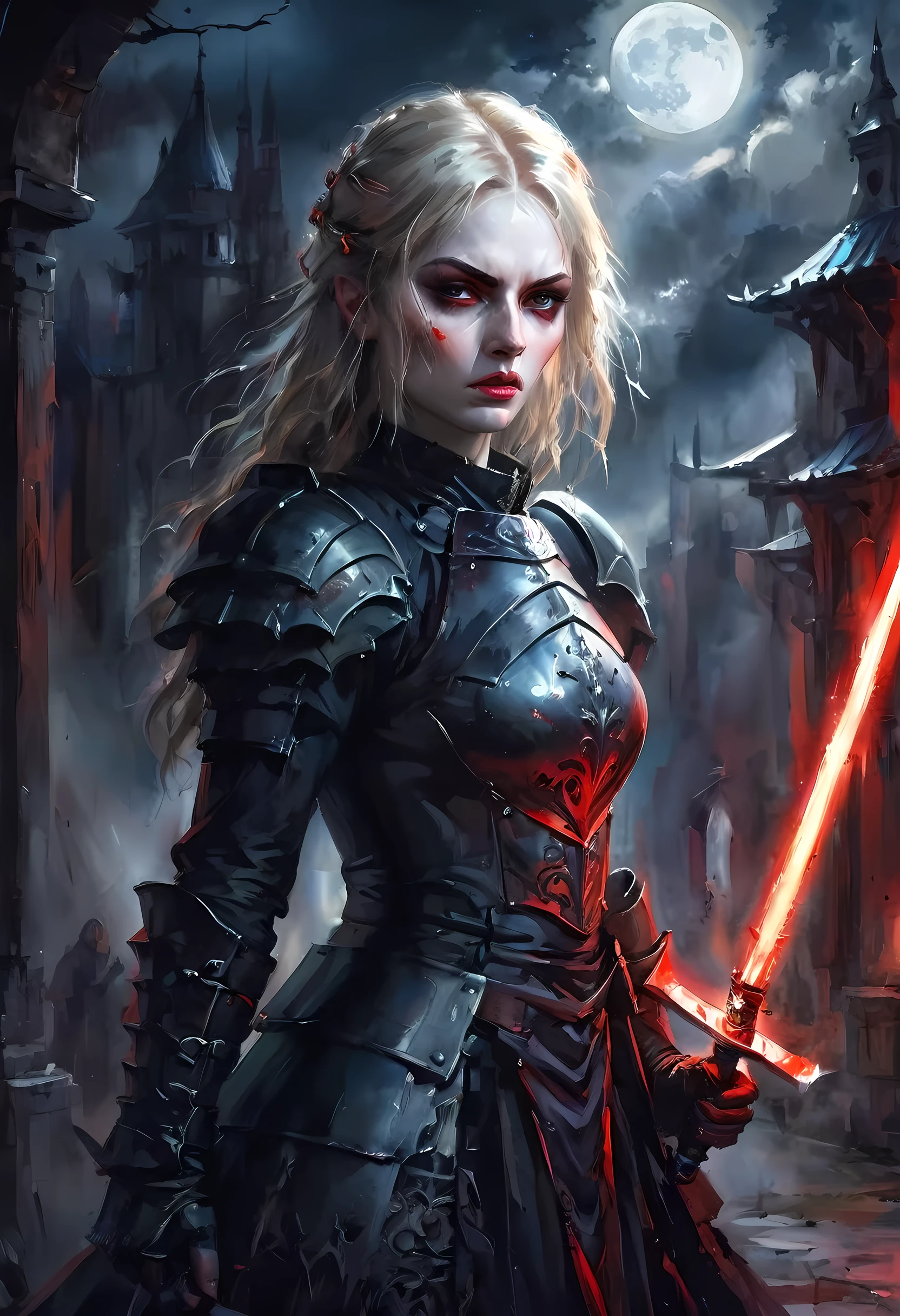Arafed, dark fantasy art, gothic art, a picturק of a vampire ready for battle, female vampire, armed with a sword, wearing heavy armor , armed with a sword, shining sword, ultra detailed face (intricate detailed, Masterpiece, best quality: 1.4), pale skin, glowing eyes, red eyes, ultra feminine, pale skin, dynamic hair, dark fantasy urban street (intricate detailed, Masterpiece, best quality: 1.4), moon light, star light, clouds, armored_dress, traditional watercolor painting
