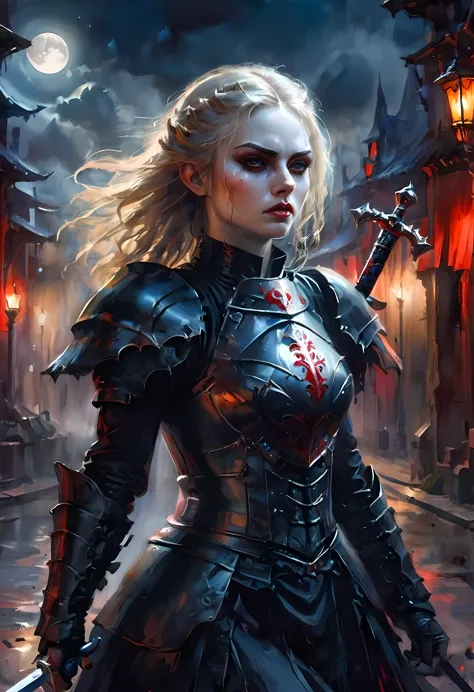 Arafed, dark fantasy art, gothic art, a picturק of a vampire ready for battle, female vampire, armed with a sword, wearing heavy...