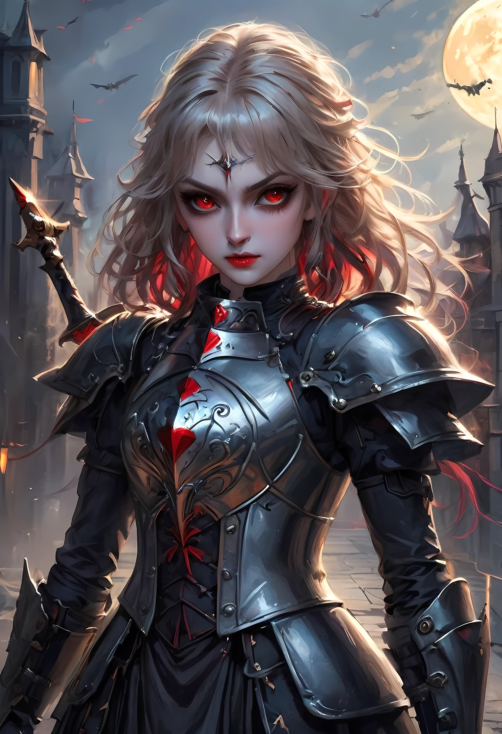 Arafed, dark fantasy art, gothic art, a picturק of a vampire ready for battle, female vampire, armed with a sword, wearing heavy armor , armed with a sword, shining sword, ultra detailed face (intricate detailed, Masterpiece, best quality: 1.4), pale skin, glowing eyes, red eyes, ultra feminine, pale skin, dynamic hair, dark fantasy urban street (intricate detailed, Masterpiece, best quality: 1.4), moon light, star light, clouds, armored_dress, watercolor