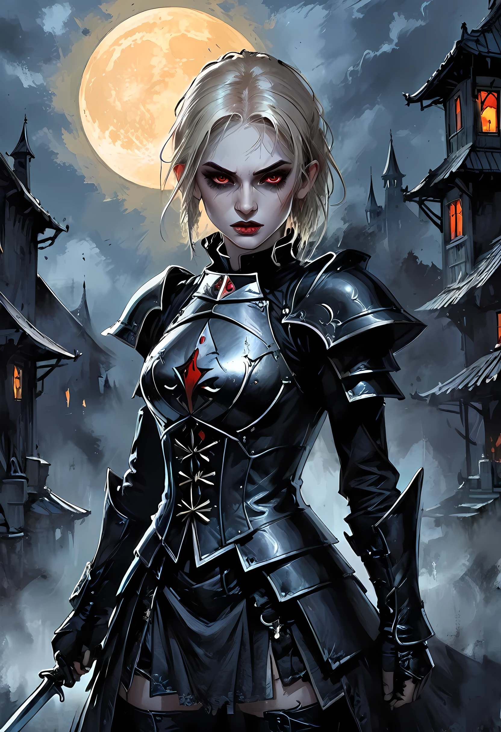 Arafed, dark fantasy art, gothic art, a picturק of a vampire ready for battle, female vampire, armed with a sword, wearing heavy armor , armed with a sword, shining sword, ultra detailed face (intricate detailed, Masterpiece, best quality: 1.4), pale skin, glowing eyes, red eyes, ultra feminine, pale skin, dynamic hair, dark fantasy urban street (intricate detailed, Masterpiece, best quality: 1.4), moon light, star light, clouds, armored_dress, watercolor, Dark Novel