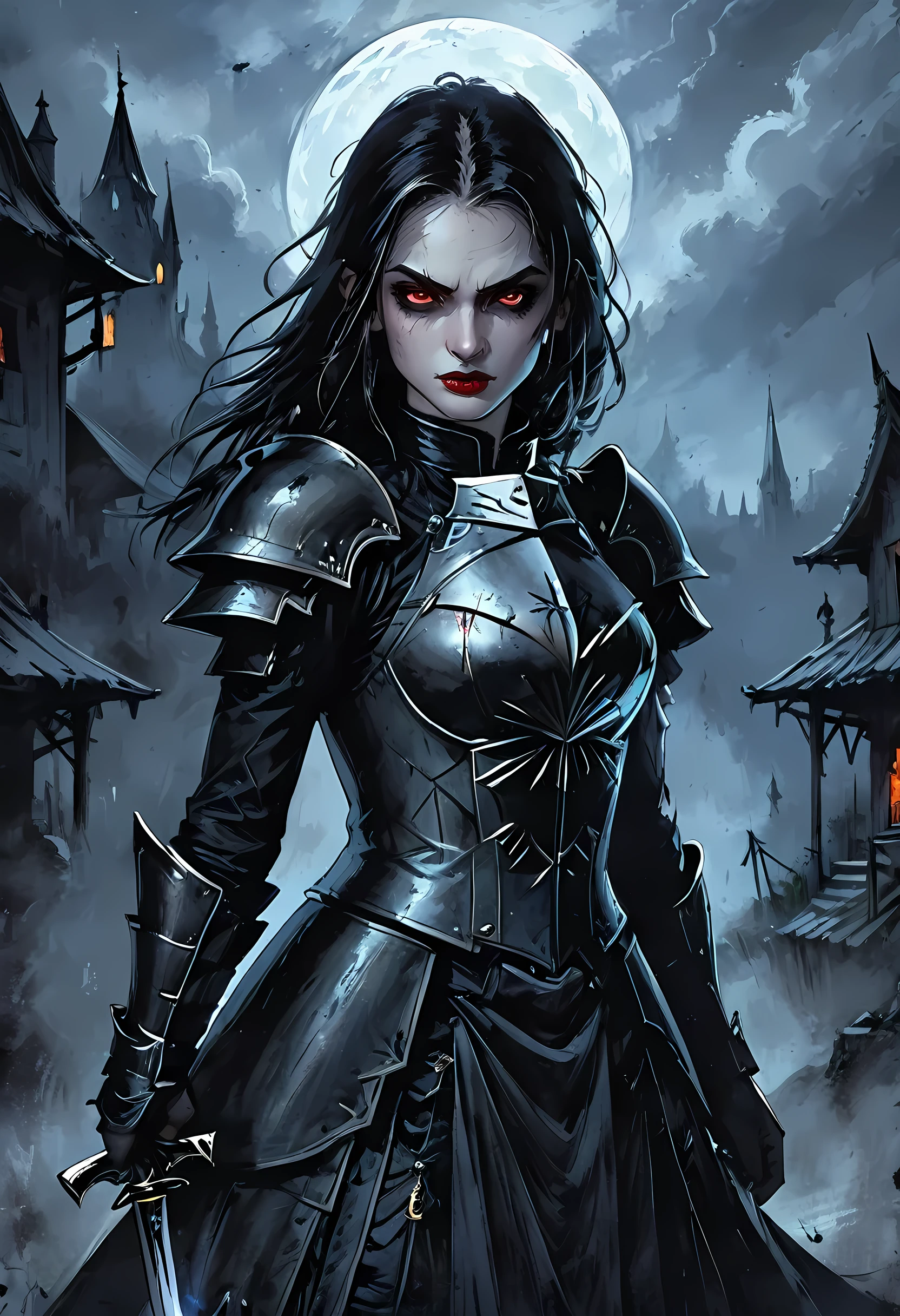 Arafed, dark fantasy art, gothic art, a picturק of a vampire ready for battle, female vampire, armed with a sword, wearing heavy armor , armed with a sword, shining sword, ultra detailed face (intricate detailed, Masterpiece, best quality: 1.4), pale skin, glowing eyes, red eyes, ultra feminine, pale skin, dynamic hair, dark fantasy urban street (intricate detailed, Masterpiece, best quality: 1.4), moon light, star light, clouds, armored_dress, watercolor, Dark Novel