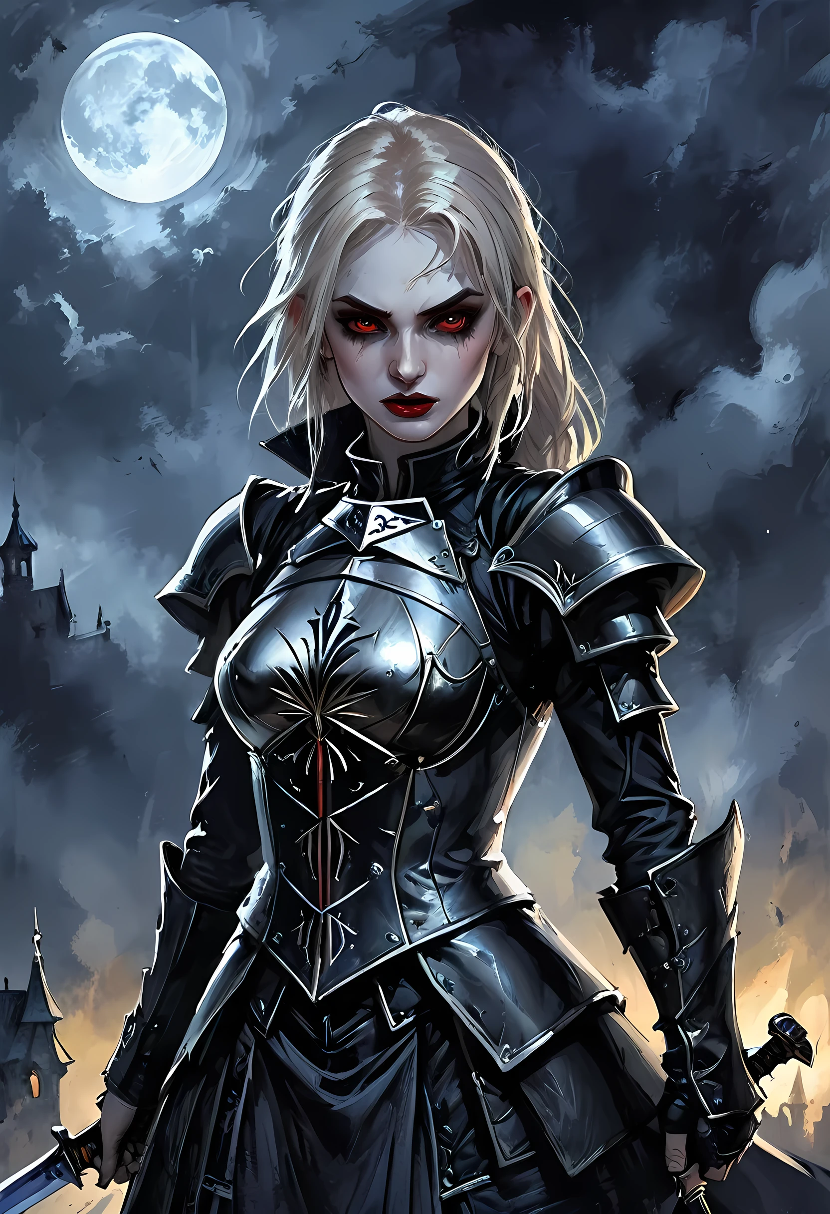 Arafed, dark fantasy art, gothic art, a picturק of a vampire ready for battle, female vampire, armed with a sword, wearing heavy armor , armed with a sword, shining sword, ultra detailed face (intricate detailed, Masterpiece, best quality: 1.4), pale skin, glowing eyes, red eyes, ultra feminine, pale skin, dynamic hair, dark fantasy urban street (intricate detailed, Masterpiece, best quality: 1.4), moon light, star light, clouds, armored_dress, watercolor, Dark Novel