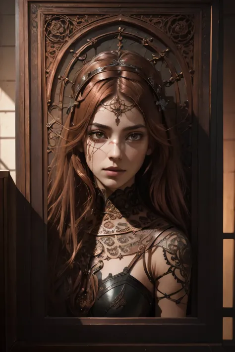 word a, in pushed back_oxidized_copper_panel master shot, photorealism, photo-realistic, elaborate intricate gothic beauty, copp...