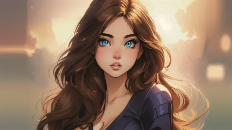 anime girl with long brown hair and blue eyes, beautiful digital illustration, cute detailed digital art, stunning digital illus...