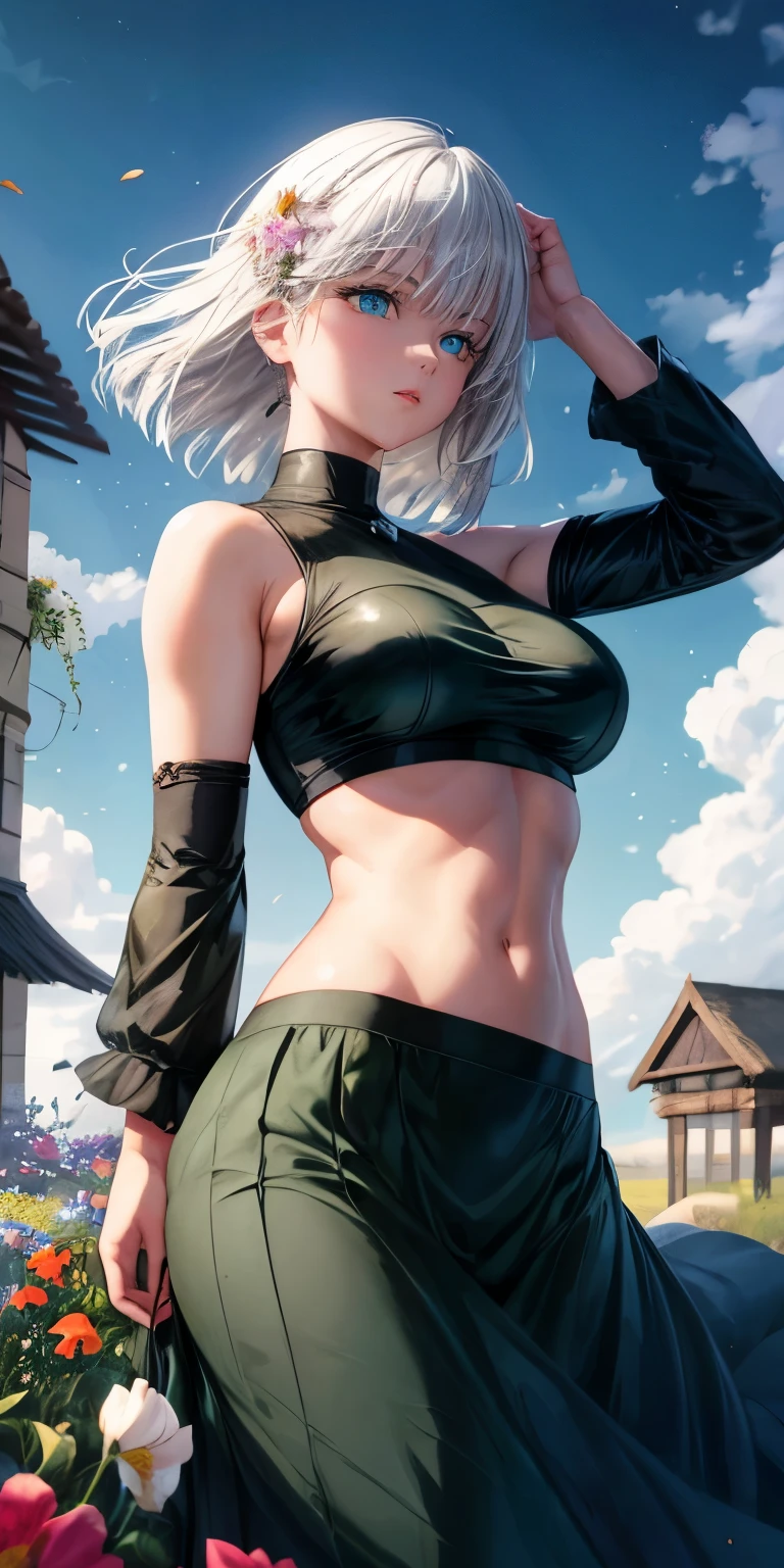 realistic, 1girl, Fubuki, white hair, green eyes, big round breasts, clear white skin, shining eyes, black crop top, dark green skirt, parted lips, rouge, night, flowers, sun, sunshine