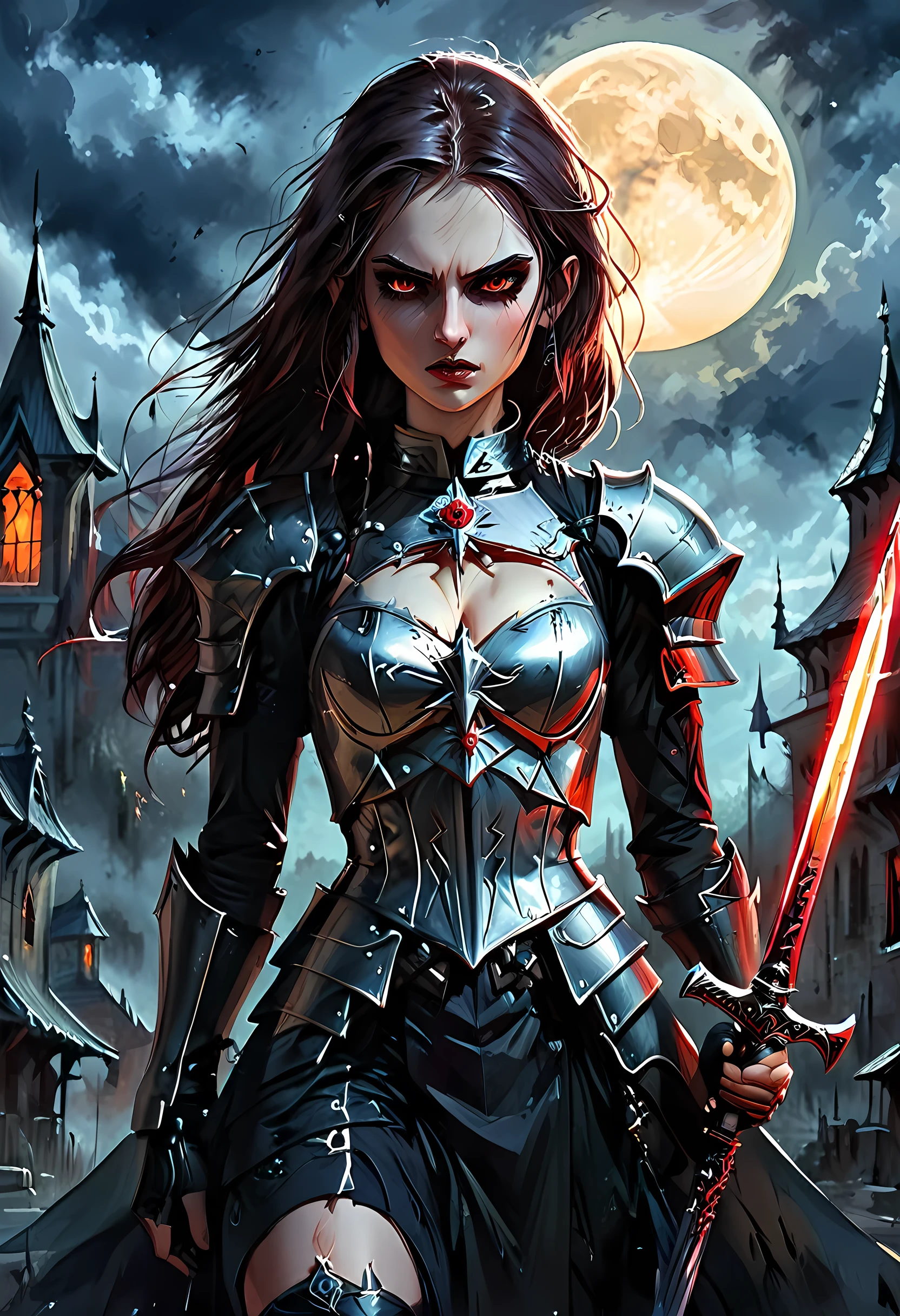 Arafed, dark fantasy art, gothic art, a picturק of a vampire ready for battle, female vampire, armed with a sword, wearing heavy armor , armed with a sword, shining sword, ultra detailed face (intricate detailed, Masterpiece, best quality: 1.4), pale skin, glowing eyes, red eyes, ultra feminine, pale skin, dynamic hair, dark fantasy urban street (intricate detailed, Masterpiece, best quality: 1.4), moon light, star light, clouds, armored_dress, watercolor, Dark Novel