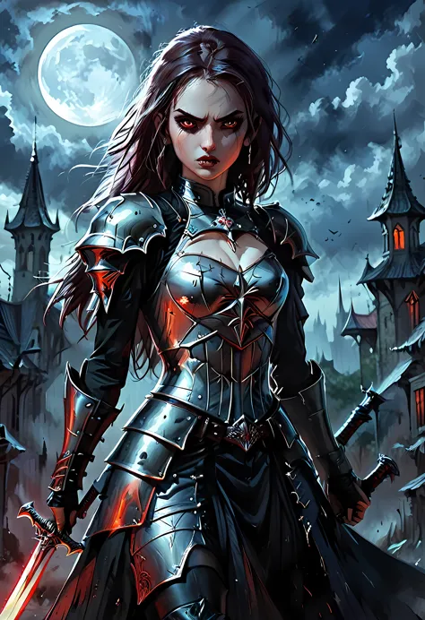 arafed, dark fantasy art, gothic art, a picturק of a vampire ready for battle, female vampire, armed with a sword, wearing heavy...