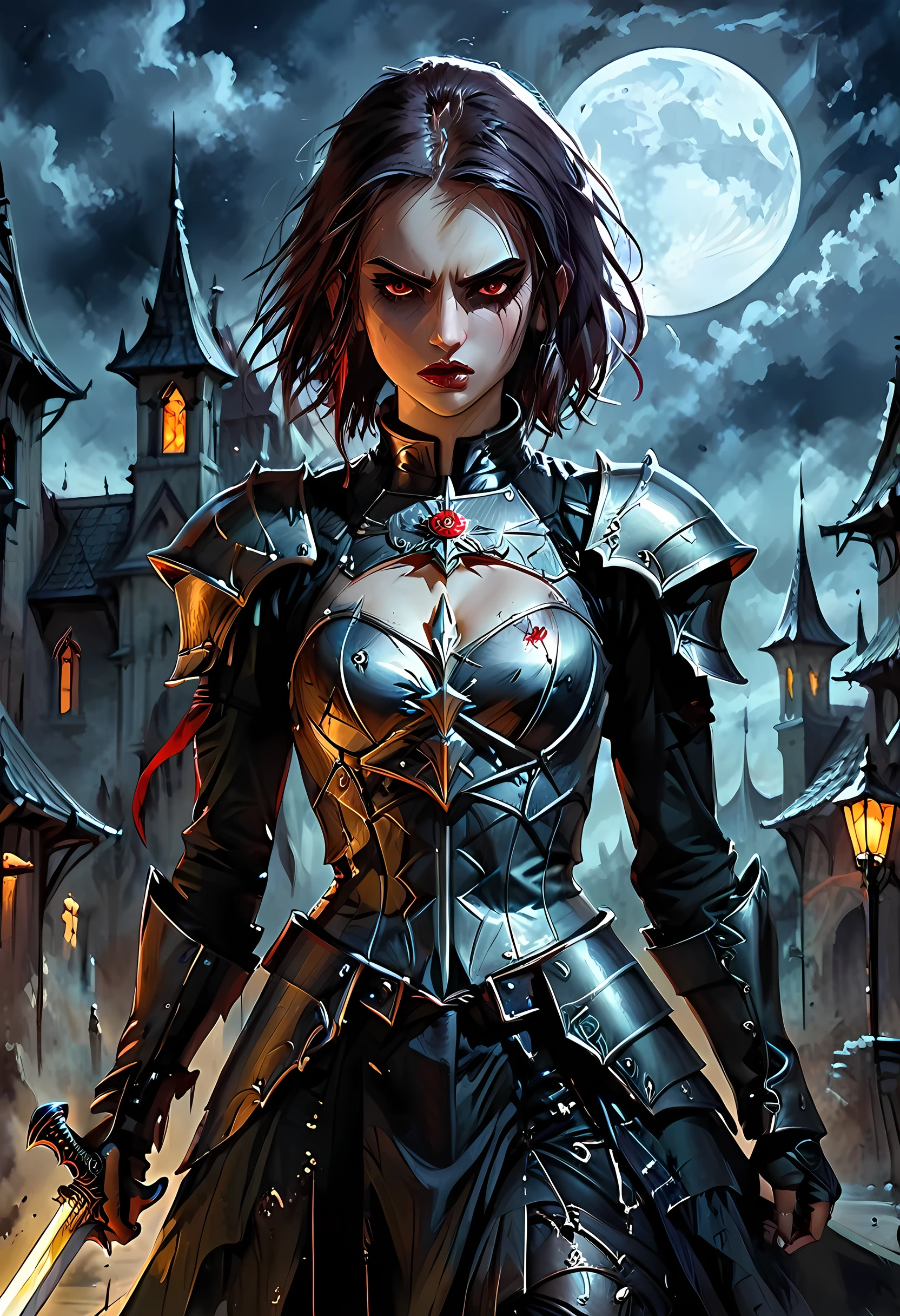 Arafed, dark fantasy art, gothic art, a picturק of a vampire ready for battle, female vampire, armed with a sword, wearing heavy armor , armed with a sword, shining sword, ultra detailed face (intricate detailed, Masterpiece, best quality: 1.4), pale skin, glowing eyes, red eyes, ultra feminine, pale skin, dynamic hair, dark fantasy urban street (intricate detailed, Masterpiece, best quality: 1.4), moon light, star light, clouds, armored_dress, watercolor, Dark Novel