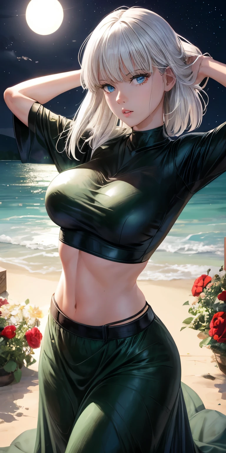 realistic, 1girl, Fubuki, white hair, green eyes, big round breasts, clear white skin, shining eyes, black crop top, dark green skirt, parted lips, rouge, night, flowers, sun, sunshine