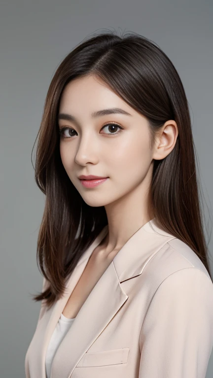(Very detailed CG Unity 8k wallpaper, highest quality, Very detailed, Looking into the camera:1.2, The light shines on your face:1.5, Gray background, Professional Lighting), Japanese women, 26 years old, Brightly lit upper body composition of a face. She has an oval face, Soft arched eyebrows, bright expressive eyes,,, pronounced nose, And a friendly smile. Her hair is shoulder-length, straight, Dyed a pale chestnut color. She is wearing a smart casual blouse, Probably soft colors, Pair it with a chic blazer, Embody her lively and sociable personality
