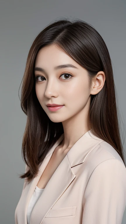 (Very detailedな CG Unity 8k 壁紙, highest quality, Very detailed, Looking into the camera:1.2, The light shines on your face:1.5, Gray background, Professional Lighting), Japanese women, 26 years old, Brightly lit upper body composition of a face. She has an oval face, Soft arched eyebrows, bright expressive eyes,,, pronounced nose, And a friendly smile. Her hair is shoulder-length, straight, Dyed a pale chestnut color. She is wearing a smart casual blouse, Probably soft colors, Pair it with a chic blazer, Embody her lively and sociable personality