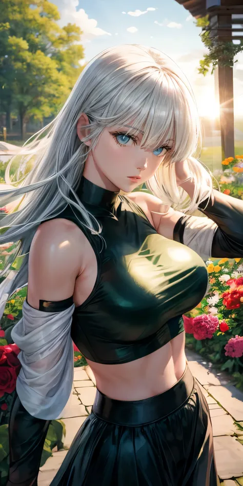 realistic, 1girl, Fubuki, white hair, green eyes, big round breasts, clear white skin, shining eyes, black crop top, dark green ...