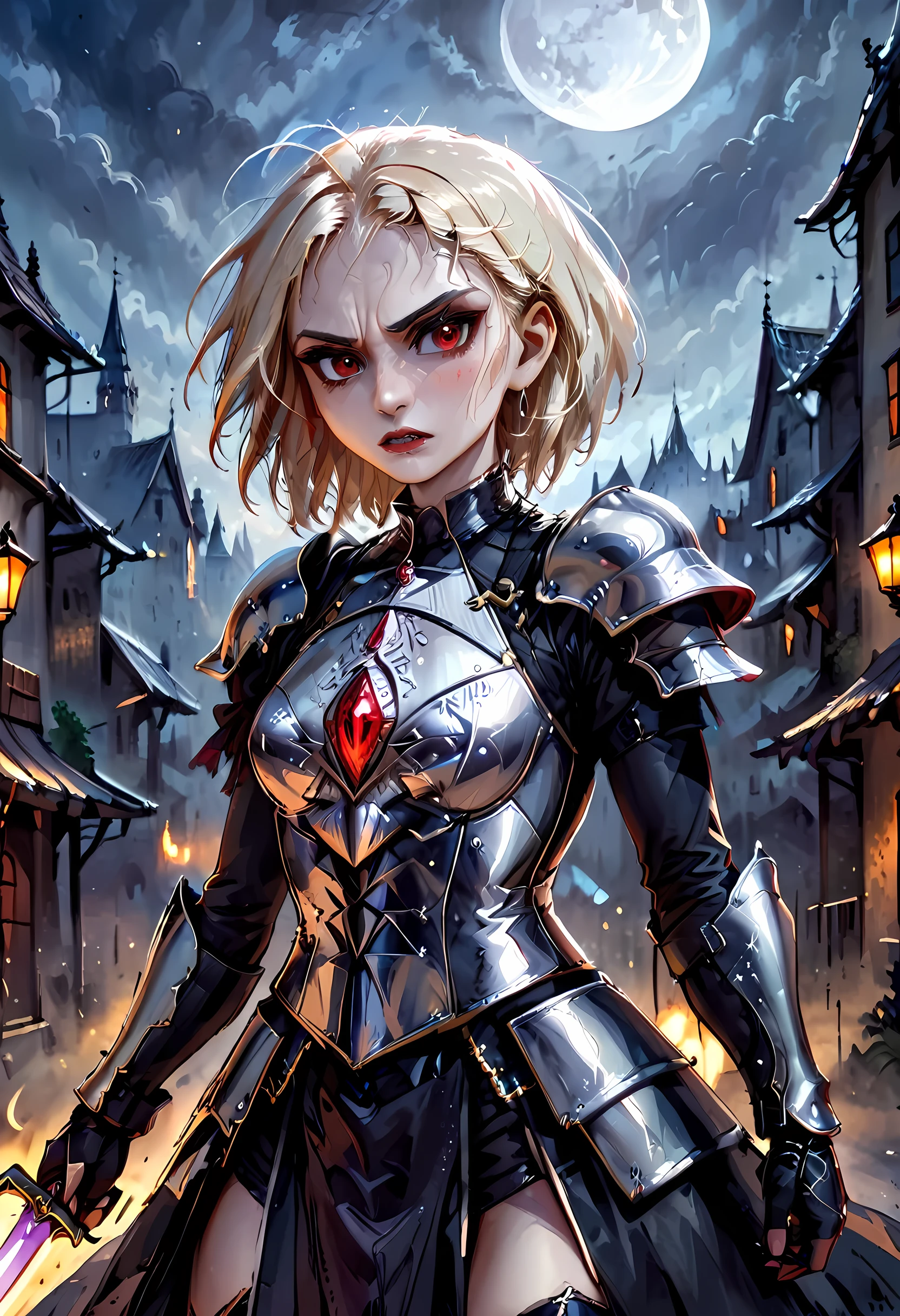 Arafed, dark fantasy art, gothic art, a picturק of a vampire ready for battle, female vampire, armed with a sword, wearing heavy armor , armed with a sword, shining sword, ultra detailed face (intricate detailed, Masterpiece, best quality: 1.4), pale skin, glowing eyes, red eyes, ultra feminine, pale skin, dynamic hair, dark fantasy urban street (intricate detailed, Masterpiece, best quality: 1.4), moon light, star light, clouds, armored_dress, watercolor, Dark Novel