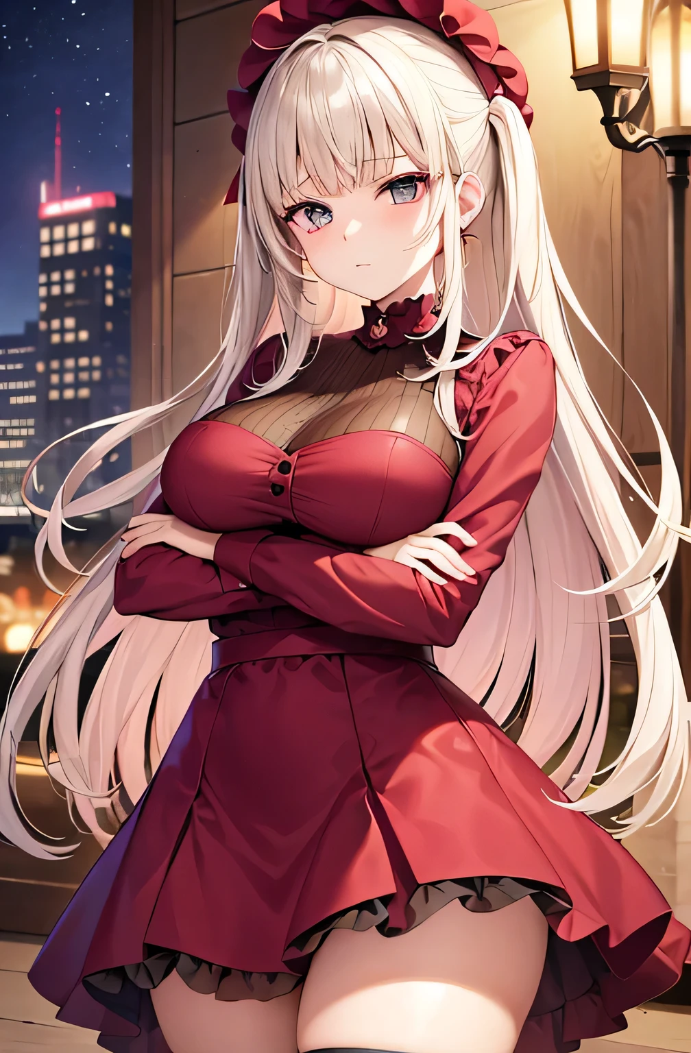 Anime girl in red dress posing in front of a cityscape - SeaArt AI