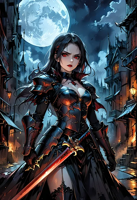 Arafed, dark fantasy art, gothic art, a picturק of a vampire ready for battle, female vampire, armed with a sword, wearing heavy...