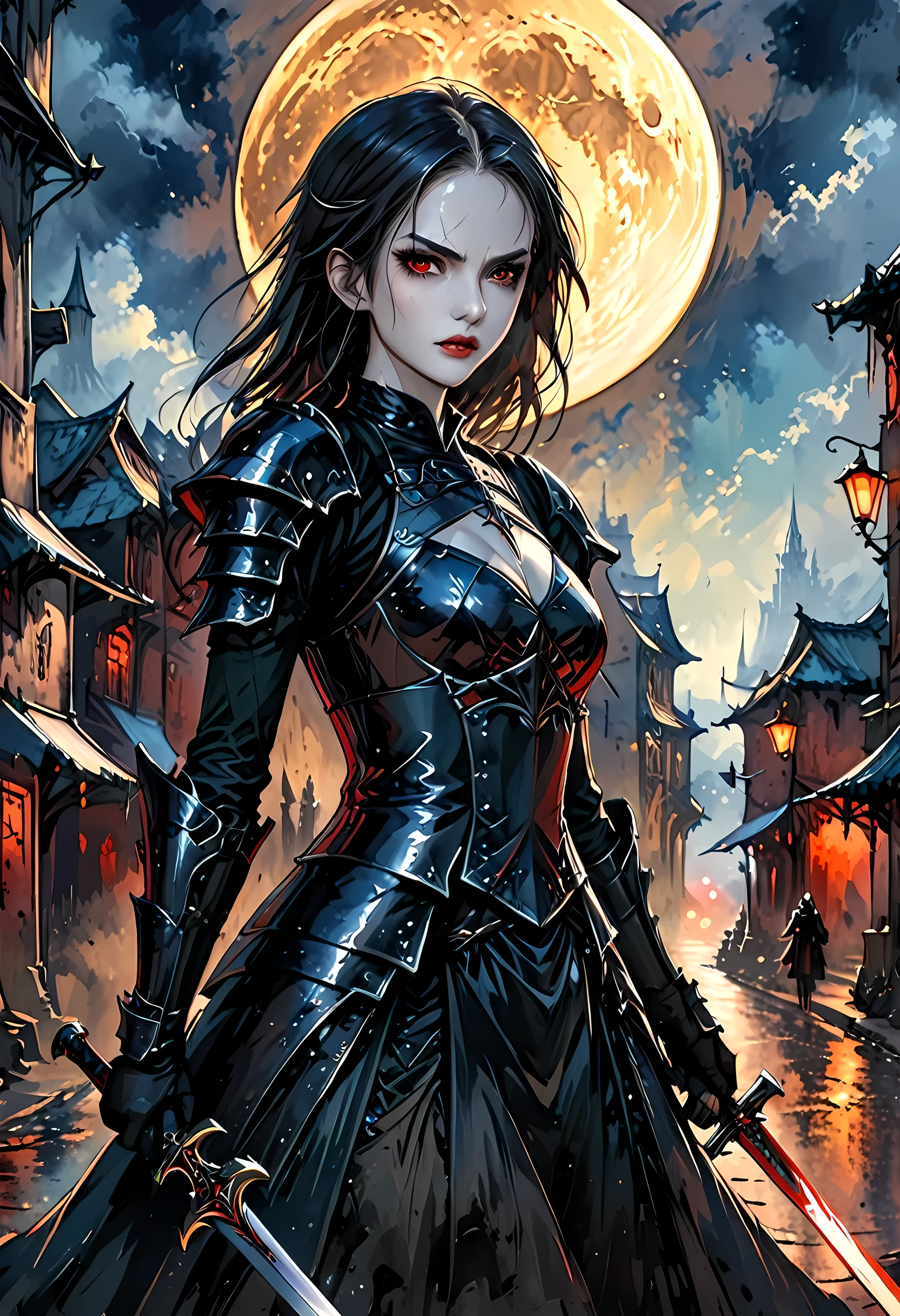 Arafed, dark fantasy art, gothic art, a picturק of a vampire ready for battle, female vampire, armed with a sword, wearing heavy armor , armed with a sword, shining sword, ultra detailed face (intricate detailed, Masterpiece, best quality: 1.4), pale skin, glowing eyes, red eyes, ultra feminine, pale skin, dynamic hair, dark fantasy urban street (intricate detailed, Masterpiece, best quality: 1.4), moon light, star light, clouds, armored_dress, watercolor, Dark Novel