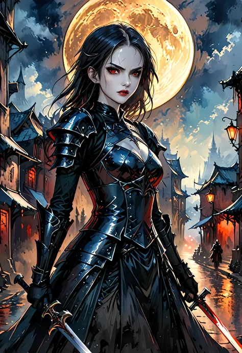 Arafed, dark fantasy art, gothic art, a picturק of a vampire ready for battle, female vampire, armed with a sword, wearing heavy...