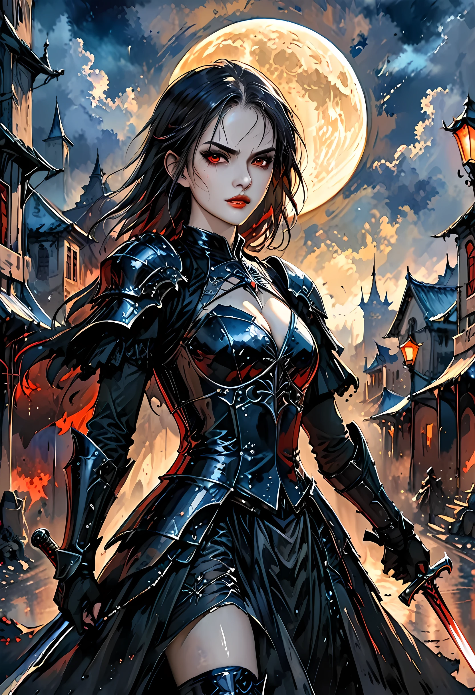 Arafed, dark fantasy art, gothic art, a picturק of a vampire ready for battle, female vampire, armed with a sword, wearing heavy armor , armed with a sword, shining sword, ultra detailed face (intricate detailed, Masterpiece, best quality: 1.4), pale skin, glowing eyes, red eyes, ultra feminine, pale skin, dynamic hair, dark fantasy urban street (intricate detailed, Masterpiece, best quality: 1.4), moon light, star light, clouds, armored_dress, watercolor, Dark Novel