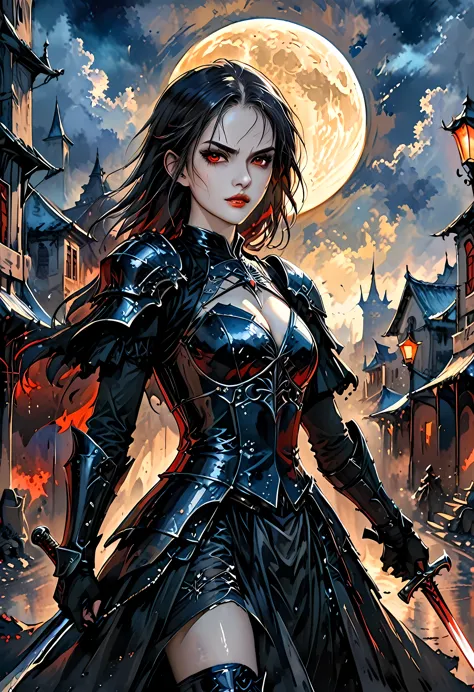 Arafed, dark fantasy art, gothic art, a picturק of a vampire ready for battle, female vampire, armed with a sword, wearing heavy...