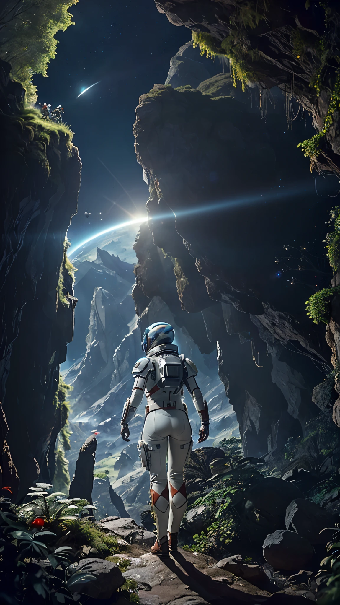 (35mmstyle:1.2), Highly detailed RAW color Photo, Rear Angle, Full Body, of (female space marine, wearing white and red space suit, futuristic helmet, tined face shield, rebreather, accentuated booty), outdoors, (standing on Precipice of tall rocky mountain, looking out at magical lush green rain forest on alien planet), vivid detail, (exotic alien planet), toned body, big butt, (sci-fi), (mountains:1.1), (lush green vegetation), (two moons in sky:0.8), (highly detailed, hyperdetailed, intricate), (lens flare:0.7), (bloom:0.7), particle effects, raytracing, cinematic lighting, shallow depth of field, photographed on a Sony a9 II, 35mm wide angle lens, sharp focus, cinematic film still from Gravity 2013, viewed from behind, dynamic angle