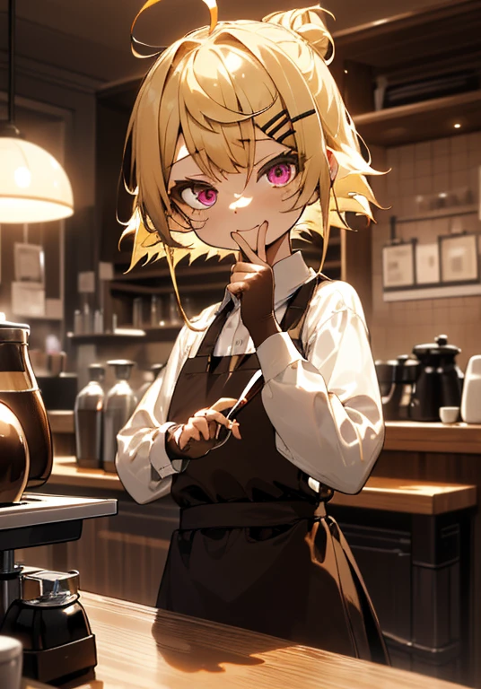 (Tabletop), Best quality,  Girl working in a cafe, إنها تMaking coffee في الآلة, Making coffee, Perfect face, Expressive eyes, Brown apron, The cafe from the inside, Short hairstyle with silver hair and bob, Tie hair into a bun with a hair clip, Pink eyes, فتاة cuteة, comfortable, (a night), real, 4K, complicated, Hinge, Flowers in a vase, comfortable lights, Perfect lighting, Tracking light, Warm colours, Table chairs, Everyday life, accident, amazing, (Relaxing vibe), peace, Aromatic,happy,happiness, (Blonde hair), White shirt, Barista, downy, Blonde hair band , modest,sensitive, cute, a night, variance, bright colors, sad, (The perfect coffee machine), state, (downy), Yeshua, Yeshuaing eyes

Break she's making coffee, There is a table with cups on the left, There is a coffee machine on the table, Steam comes out of the cup, Delicious coffee
, kumis,