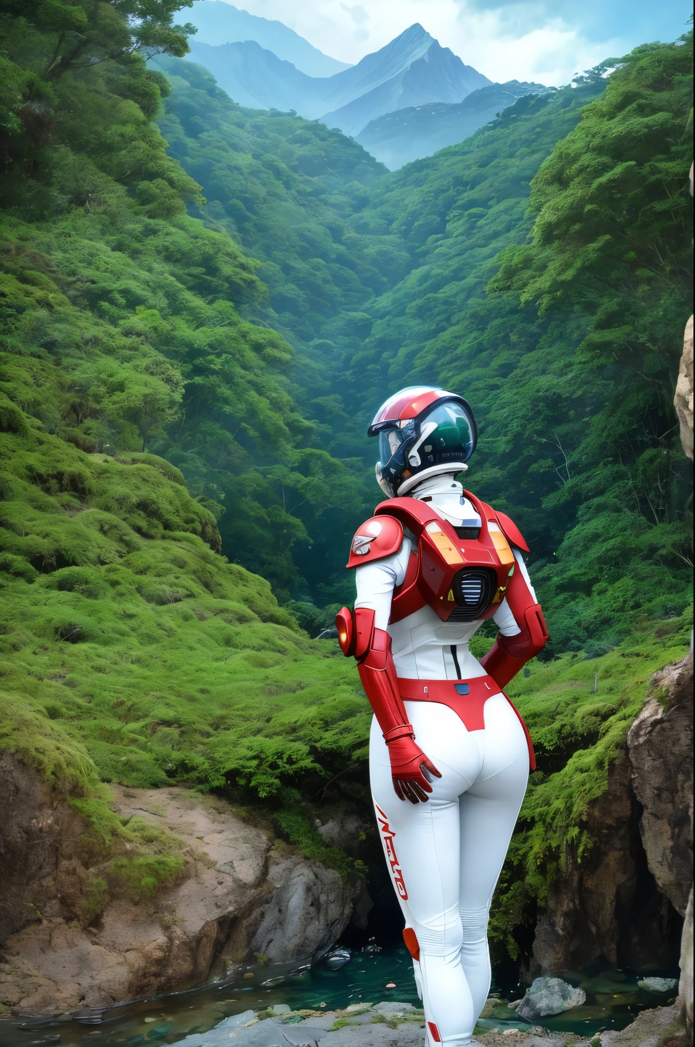 (35mmstyle:1.2), Highly detailed RAW color Photo, Rear Angle, Full Body, of (female space marine, wearing white and red space suit, futuristic helmet, tined face shield, rebreather, accentuated booty), outdoors, (standing on Precipice of tall rocky mountain, looking out at magical lush green rain forest on alien planet), vivid detail, (exotic alien planet), toned body, big butt, (sci-fi), (mountains:1.1), (lush green vegetation), (two moons in sky:0.8), (highly detailed, hyperdetailed, intricate), (lens flare:0.7), (bloom:0.7), particle effects, raytracing, cinematic lighting, shallow depth of field, photographed on a Sony a9 II, 35mm wide angle lens, sharp focus, cinematic film still from Gravity 2013, viewed from behind, dynamic angle