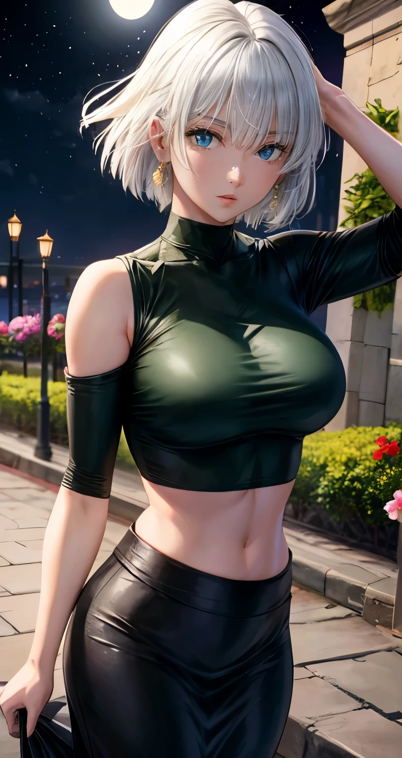 realistic, 1girl, Fubuki, white hair, green eyes, big round breasts, clear white skin, shining eyes, black crop top, dark green skirt, parted lips, rouge, night, flowers, sun, sunshine