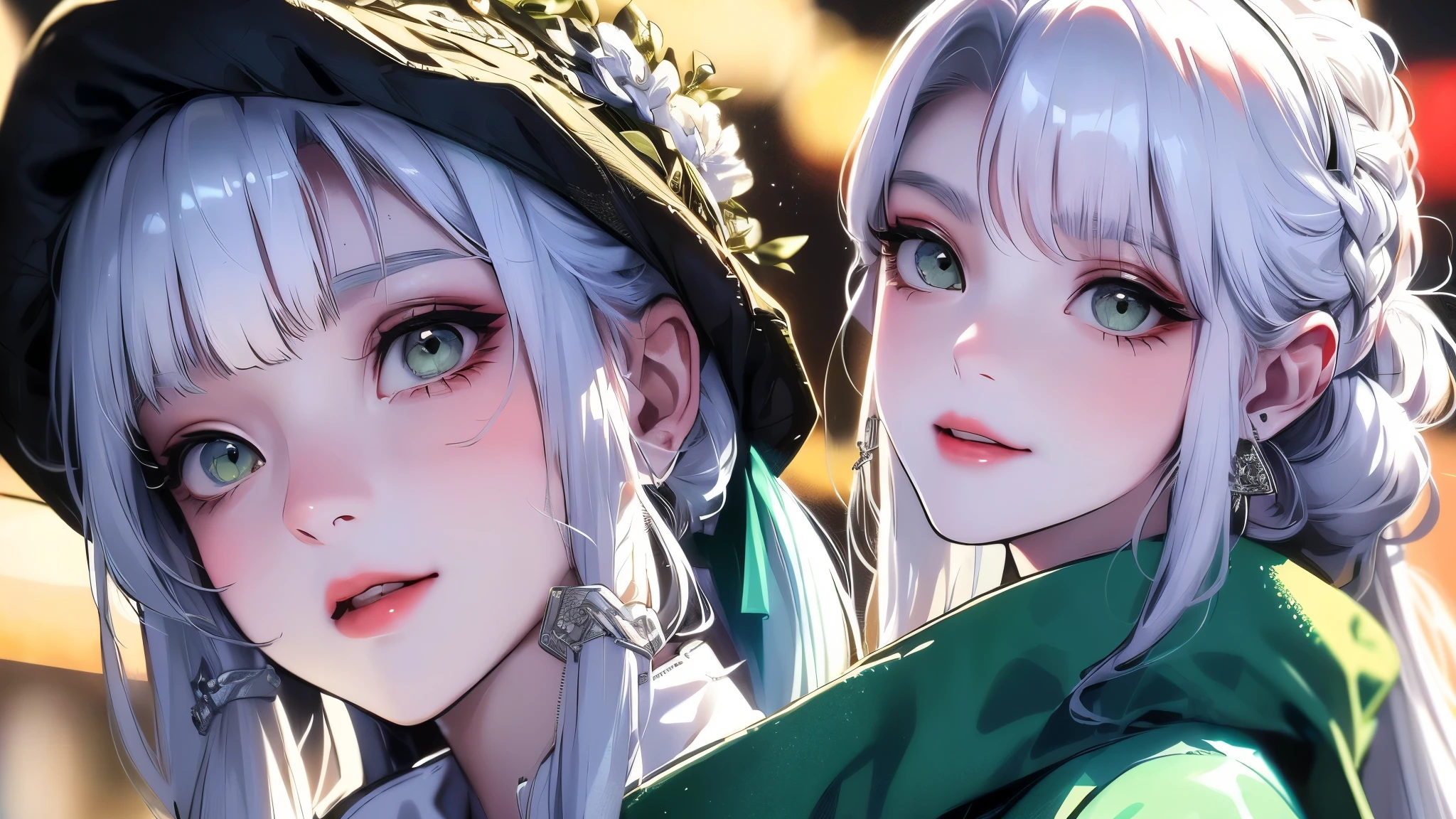 (masutepiece), (Best Quality), Highly detailed, 1 boy, Solo Focus，Perfect face, Beautiful face, extra detailed face，(white hair:1.3)，(Green eye:1.3)，florals，Eau，foam，Black clothe
