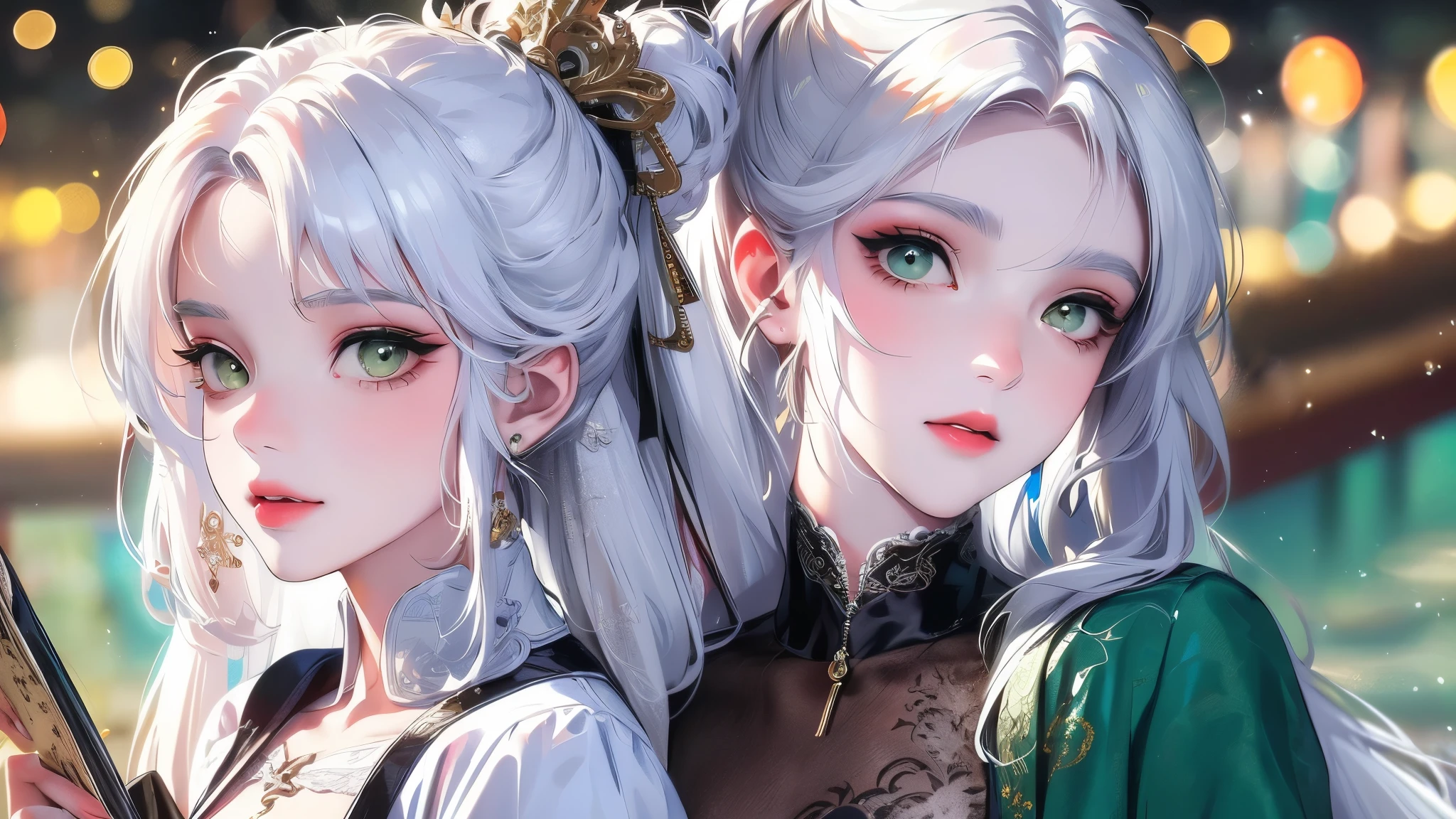 (masutepiece), (Best Quality), Highly detailed, 1 boy, Solo Focus，Perfect face, Beautiful face, extra detailed face，(white hair:1.3)，(Green eye:1.3)，florals，Eau，foam，Black clothe
