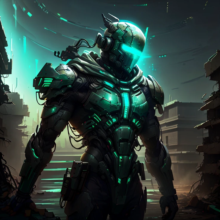 A painting showing the face of an android, masculine, with emerald green eyes that convey wisdom and determination. He wears a hood covering his bald head, without a helmet. The background is a dystopian world in ruins, with a cloudy sky in the background.