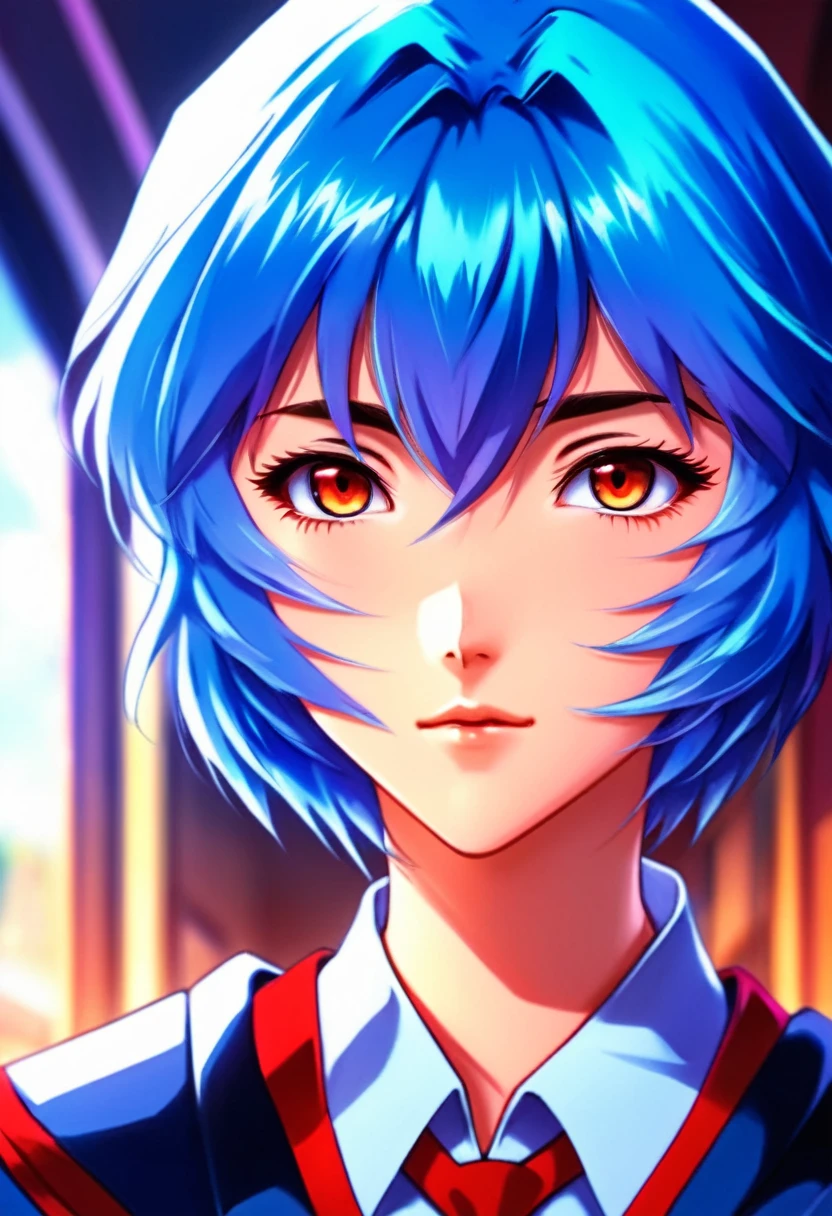 1 garota, Ayanami Rei, Neon Genesis Evangelion, uma garota com cabelo azul e olhos vermelhos, estilo anime, 90s anime, , kawaii, rosto detalhado, olhos detalhados, cabelo detalhado, beautiful olhos detalhados, lindos lábios detalhados, extremely olhos detalhados and face, cílios longos, pose dinâmica, iluminação cinematográfica, 8K, Altamente detalhado, obra de arte, pintura digital, vibrante colors, atmosférico, iluminação dramática, arte de anime, estilo anime, visual, vibrante, Anime de estúdio, Altamente detalhado