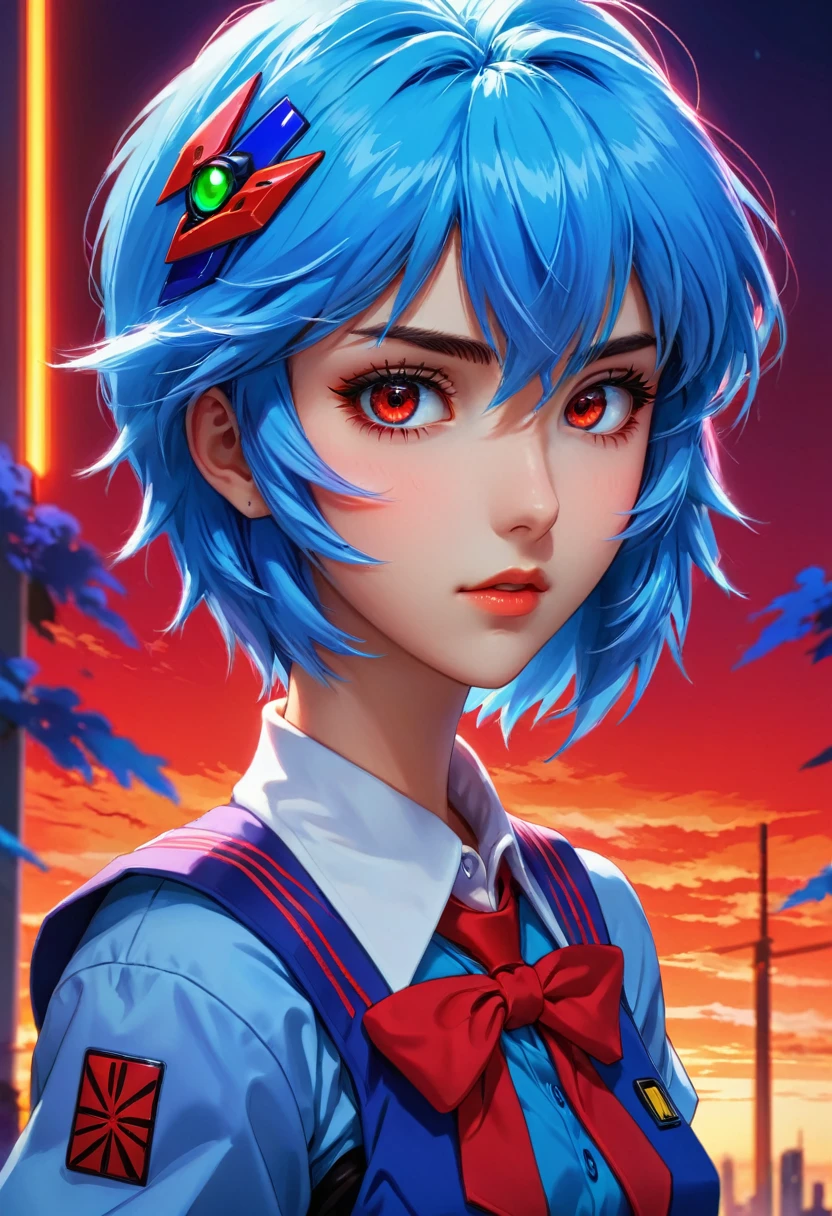 1girl, ayanami rei, neon genesis evangelion, a girl with blue hair and red eyes, anime style, 90s anime, school uniform, kawaii, detailed face, detailed eyes, detailed hair, beautiful detailed eyes, beautiful detailed lips, extremely detailed eyes and face, long eyelashes, dynamic pose, cinematic lighting, 8k, highly detailed, masterpiece, digital painting, vibrant colors, atmospheric, dramatic lighting, anime artwork, anime style, visual, vibrant, studio anime, highly detailed