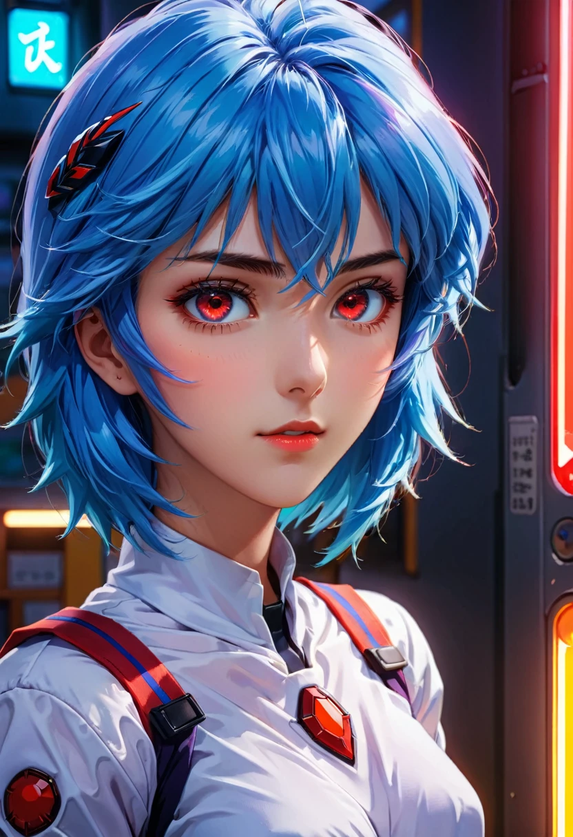 1 chica, rei ayanami, Neon Genesis Evangelion, una chica con cabello azul y ojos rojos, estilo animado, anime de los 90, Uniforme escolar, kawaii, cara detallada, ojos detallados, Cabello detallado, beautiful ojos detallados, hermosos labios detallados, extremely ojos detallados and face, Pestañas largas, pose dinámica, iluminación cinematográfica, 8K, muy detallado, obra maestra, pintura digital, vibrante colors, atmosférico, iluminación dramática, Ilustraciones de anime, estilo animado, visual, vibrante, studio anime, muy detallado