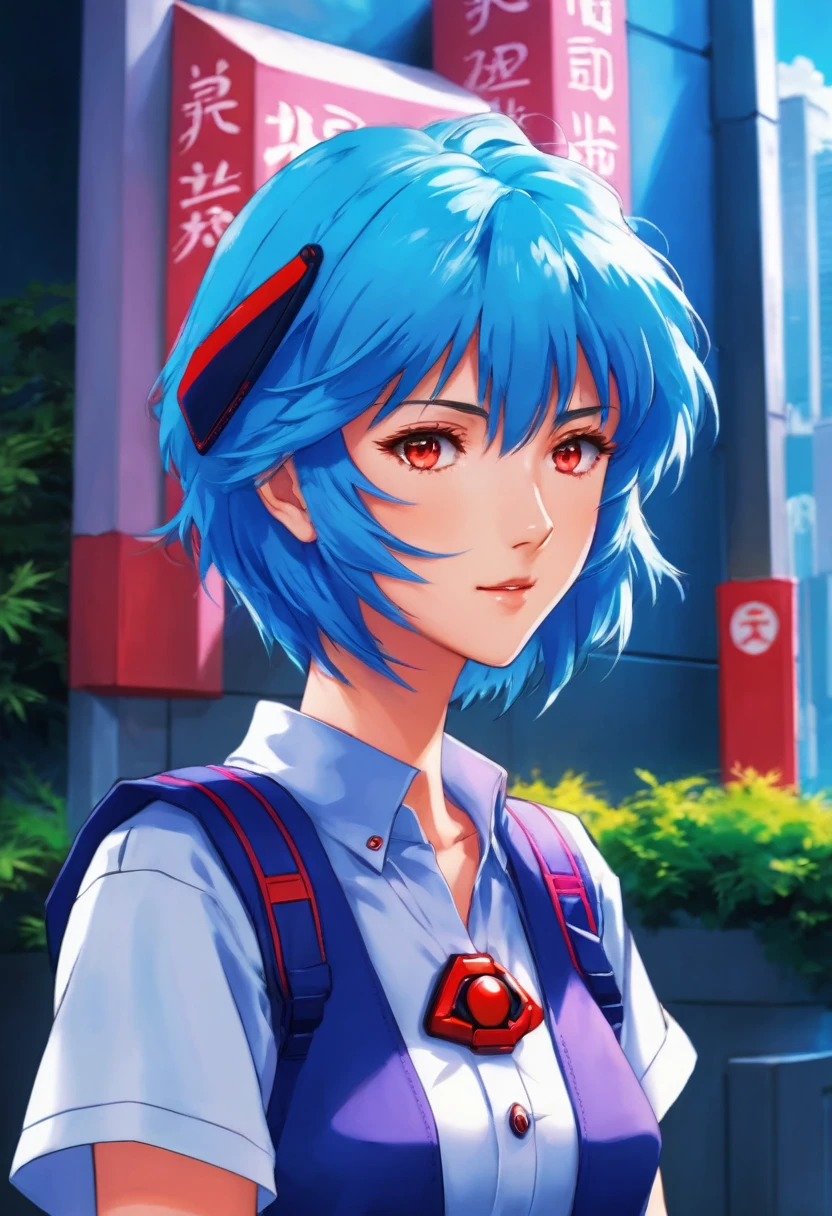 1 chica, rei ayanami, Neon Genesis Evangelion, una chica con cabello azul y ojos rojos, estilo animado, anime de los 90, Uniforme escolar, kawaii, cara detallada, ojos detallados, Cabello detallado, beautiful ojos detallados, hermosos labios detallados, extremely ojos detallados and face, Pestañas largas, pose dinámica, iluminación cinematográfica, 8K, muy detallado, obra maestra, pintura digital, vibrante colors, atmosférico, iluminación dramática, Ilustraciones de anime, estilo animado, visual, vibrante, studio anime, muy detallado