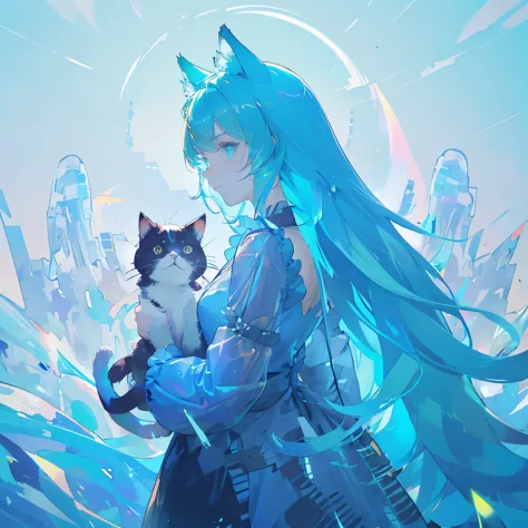 a cute female with cat ears, many different colors of cyan and aquamarine, shades of blues and greens, galaxy backround, has cat...