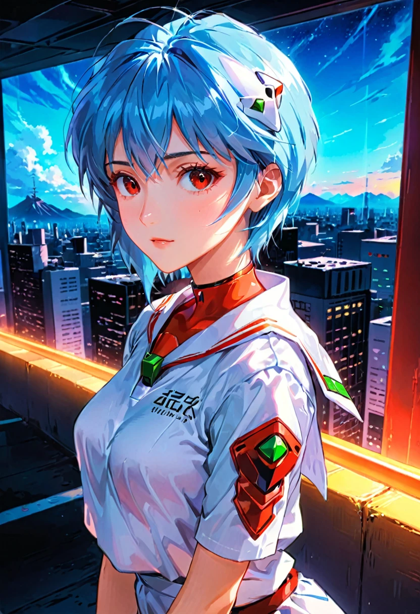 1 chica, rei ayanami, Neon Genesis Evangelion, una chica con cabello azul y ojos rojos, estilo animado, anime de los 90, Uniforme escolar, kawaii, cara detallada, ojos detallados, Cabello detallado, beautiful ojos detallados, hermosos labios detallados, extremely ojos detallados and face, Pestañas largas, pose dinámica, iluminación cinematográfica, 8K, muy detallado, obra maestra, pintura digital, vibrante colors, atmosférico, iluminación dramática, Ilustraciones de anime, estilo animado, visual, vibrante, studio anime, muy detallado