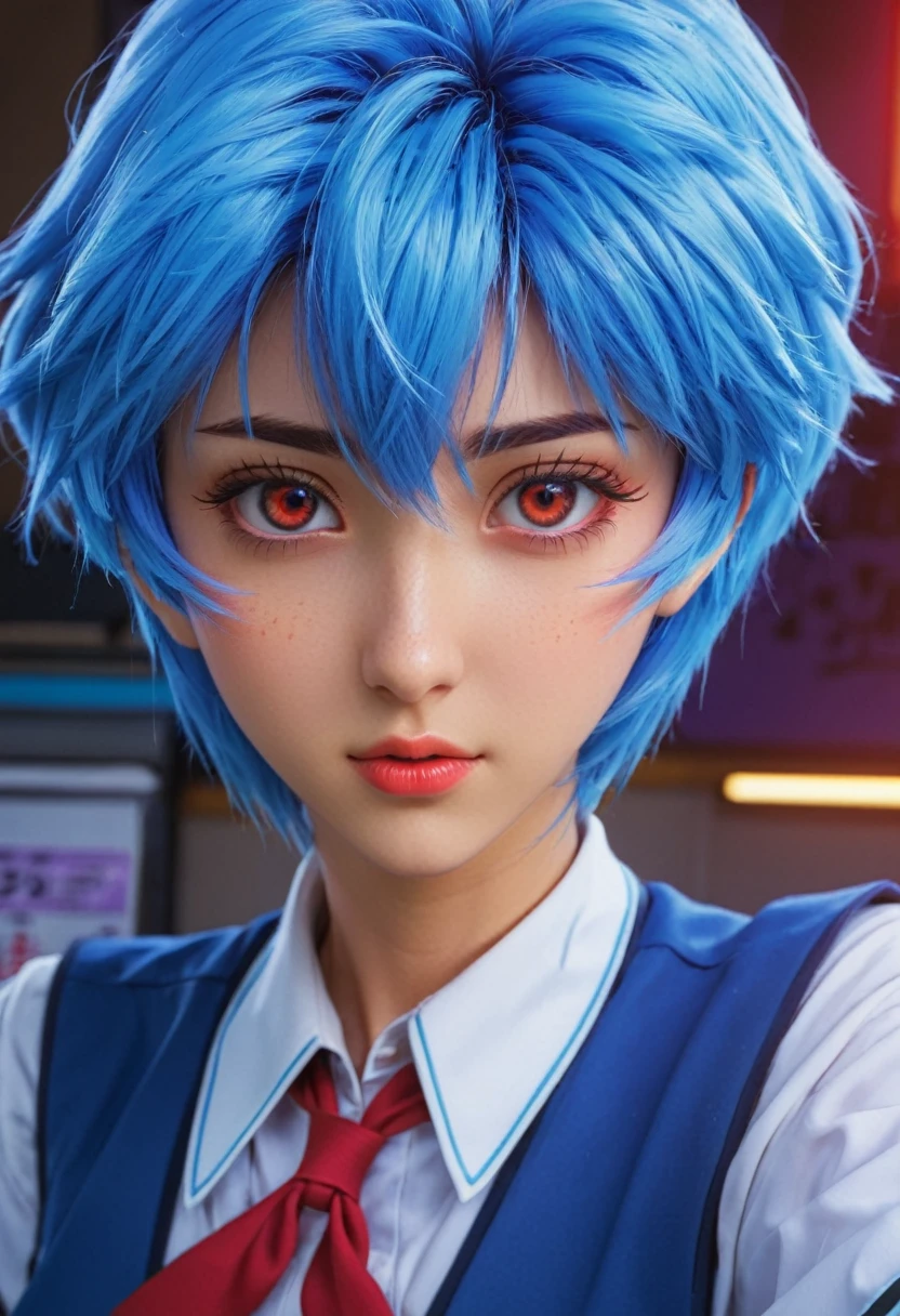 1girl, ayanami rei, neon genesis evangelion, a girl with blue hair and red eyes, anime style, 90s anime, school uniform, kawaii, detailed face, detailed eyes, detailed hair, beautiful detailed eyes, beautiful detailed lips, extremely detailed eyes and face, long eyelashes, dynamic pose, cinematic lighting, 8k, highly detailed, masterpiece, digital painting, vibrant colors, atmospheric, dramatic lighting, anime artwork, anime style, visual, vibrant, studio anime, highly detailed