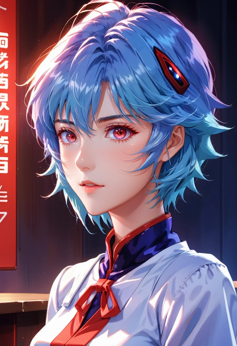 1 chica, rei ayanami, Neon Genesis Evangelion, una chica con cabello azul y ojos rojos, estilo animado, anime de los 90, Uniforme escolar, kawaii, cara detallada, ojos detallados, Cabello detallado, beautiful ojos detallados, hermosos labios detallados, extremely ojos detallados and face, Pestañas largas, pose dinámica, iluminación cinematográfica, 8K, muy detallado, obra maestra, pintura digital, vibrante colors, atmosférico, iluminación dramática, Ilustraciones de anime, estilo animado, visual, vibrante, studio anime, muy detallado