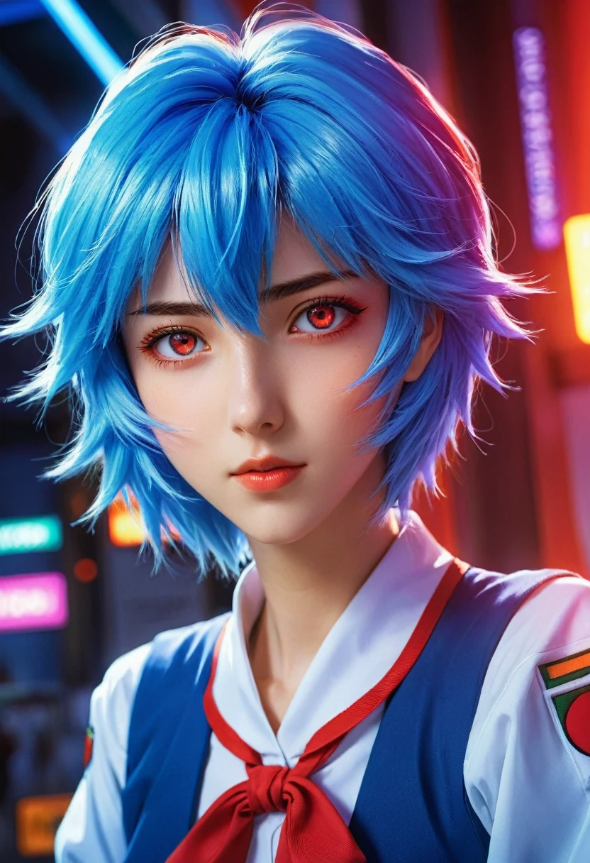 1 chica, rei ayanami, Neon Genesis Evangelion, una chica con cabello azul y ojos rojos, estilo animado, anime de los 90, Uniforme escolar, kawaii, cara detallada, ojos detallados, Cabello detallado, beautiful ojos detallados, hermosos labios detallados, extremely ojos detallados and face, Pestañas largas, pose dinámica, iluminación cinematográfica, 8K, muy detallado, obra maestra, pintura digital, vibrante colors, atmosférico, iluminación dramática, Ilustraciones de anime, estilo animado, visual, vibrante, studio anime, muy detallado