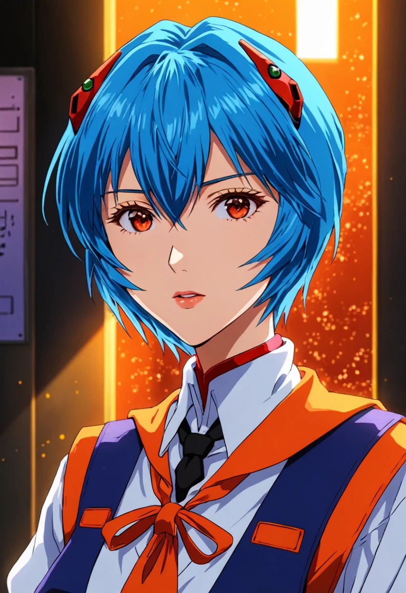 1 chica, rei ayanami, Neon Genesis Evangelion, una chica con cabello azul y ojos rojos, estilo animado, anime de los 90, Uniforme escolar, kawaii, cara detallada, ojos detallados, Cabello detallado, beautiful ojos detallados, hermosos labios detallados, extremely ojos detallados and face, Pestañas largas, pose dinámica, iluminación cinematográfica, 8K, muy detallado, obra maestra, pintura digital, vibrante colors, atmosférico, iluminación dramática, Ilustraciones de anime, estilo animado, visual, vibrante, studio anime, muy detallado